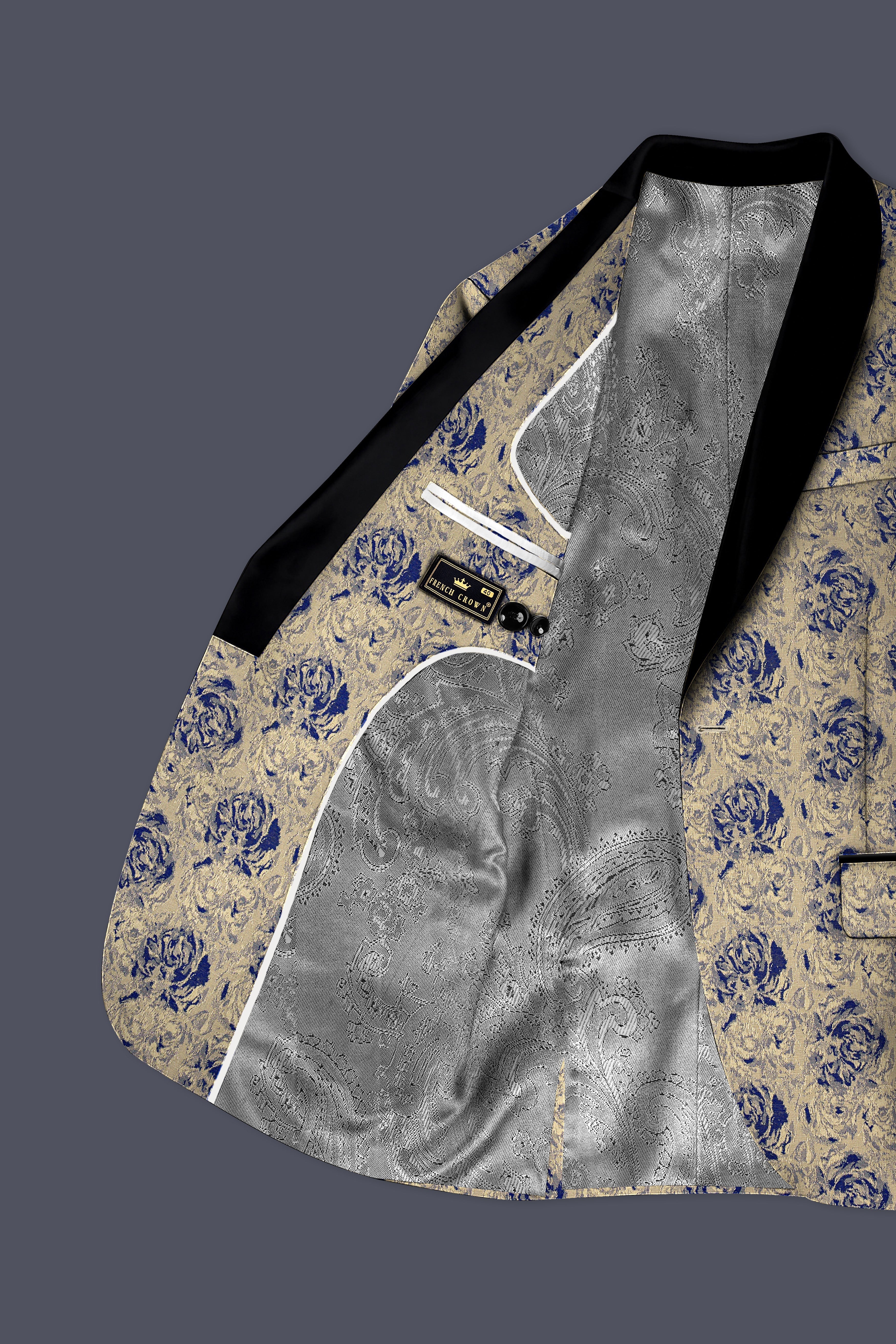 Jacqoro-Gravel Blue and Golden Jacquard Textured Tuxedo Suit