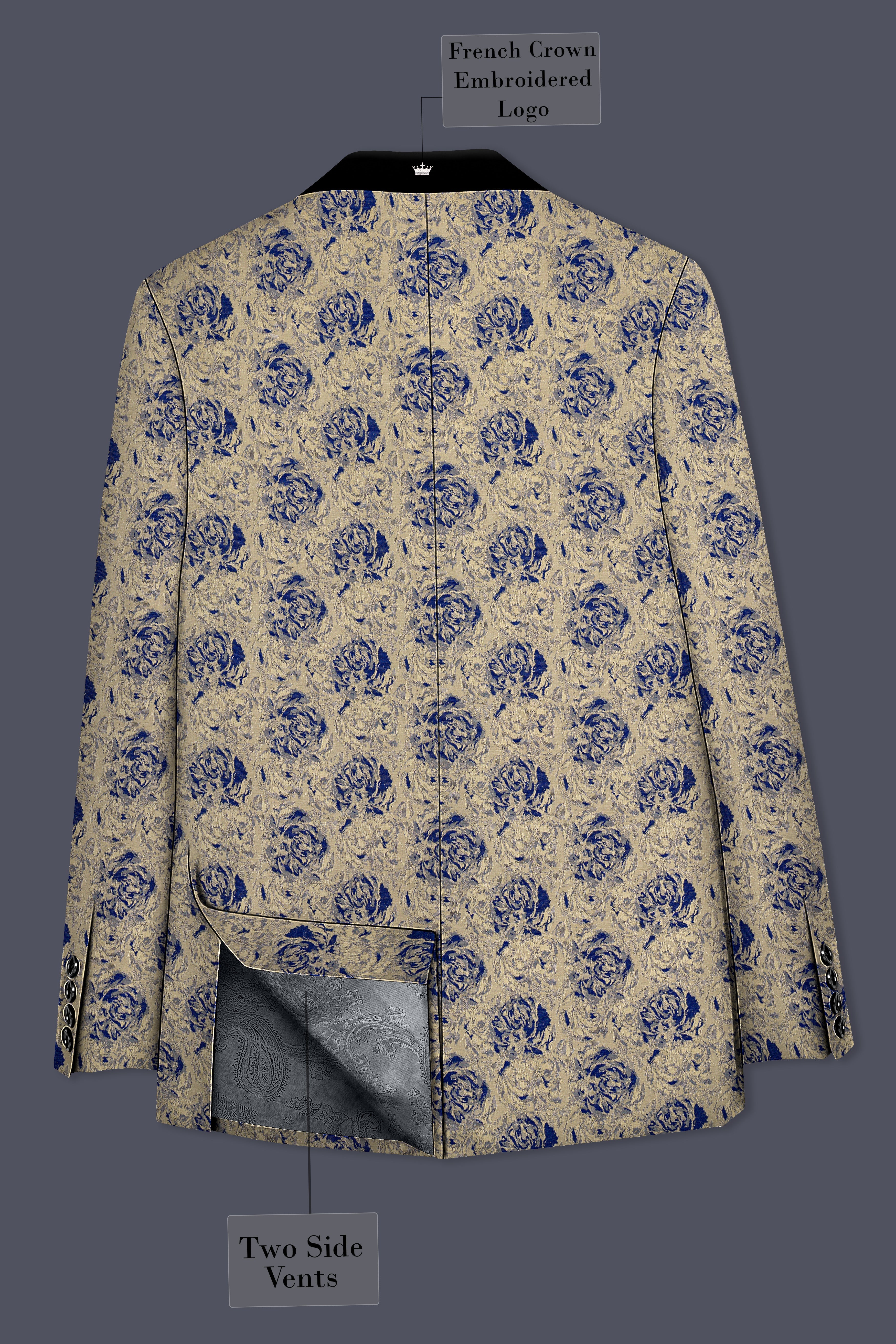 Jacqoro-Gravel Blue and Golden Jacquard Textured Tuxedo Suit