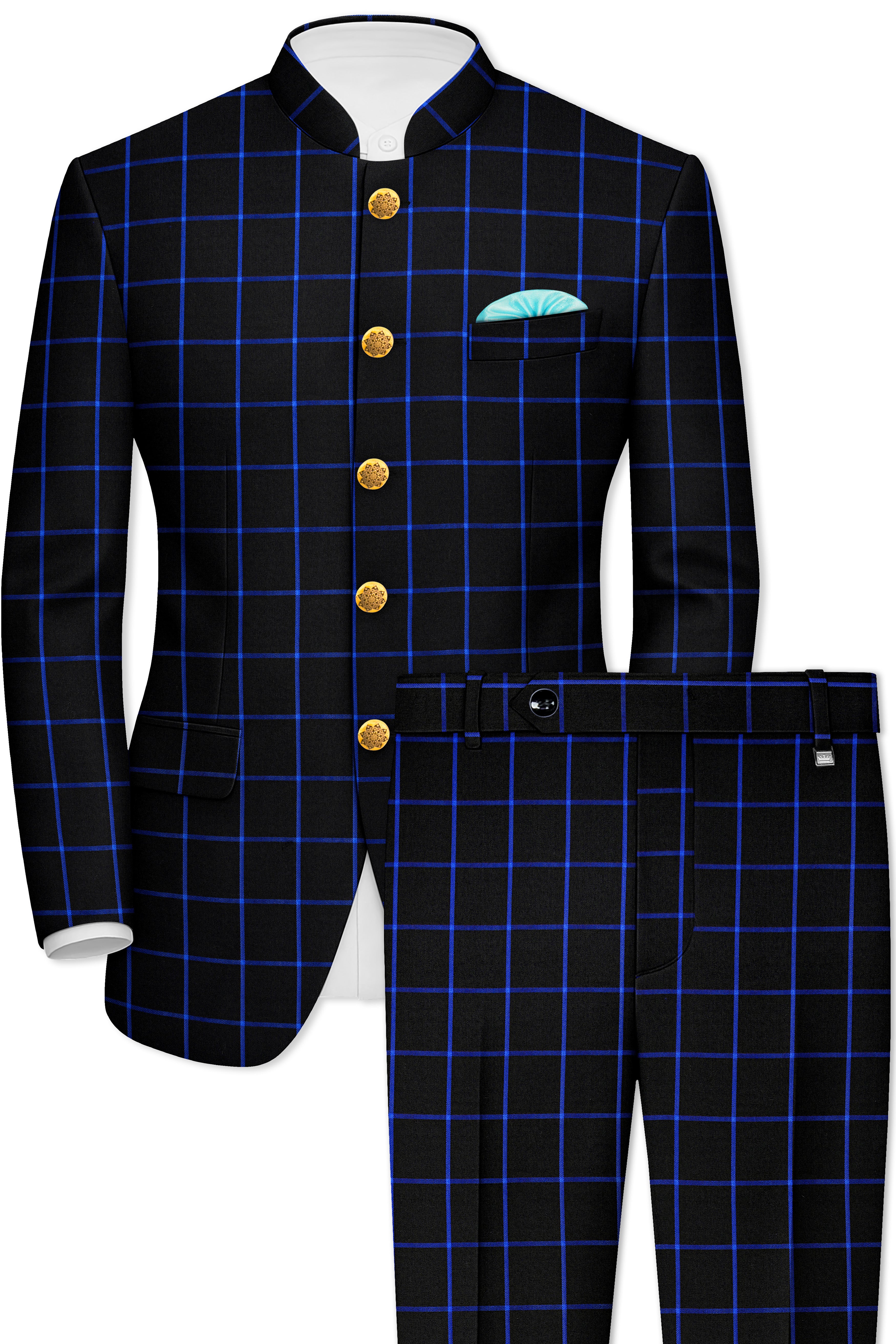 Panevoro-Jade Black With Cerulean Blue Windowpane Wool Rich Bandhgala Suit