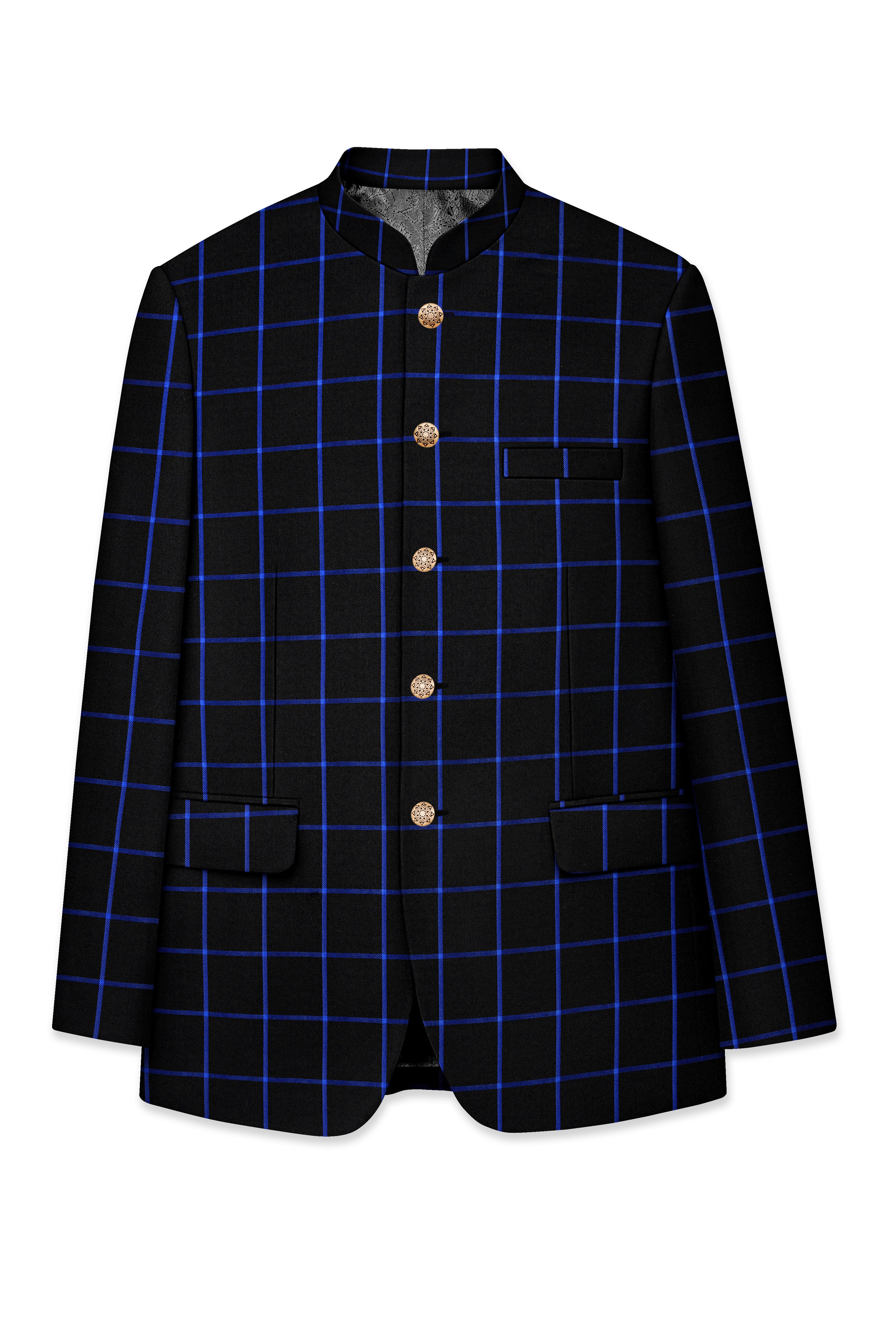 Panevoro-Jade Black With Cerulean Blue Windowpane Wool Rich Bandhgala Suit