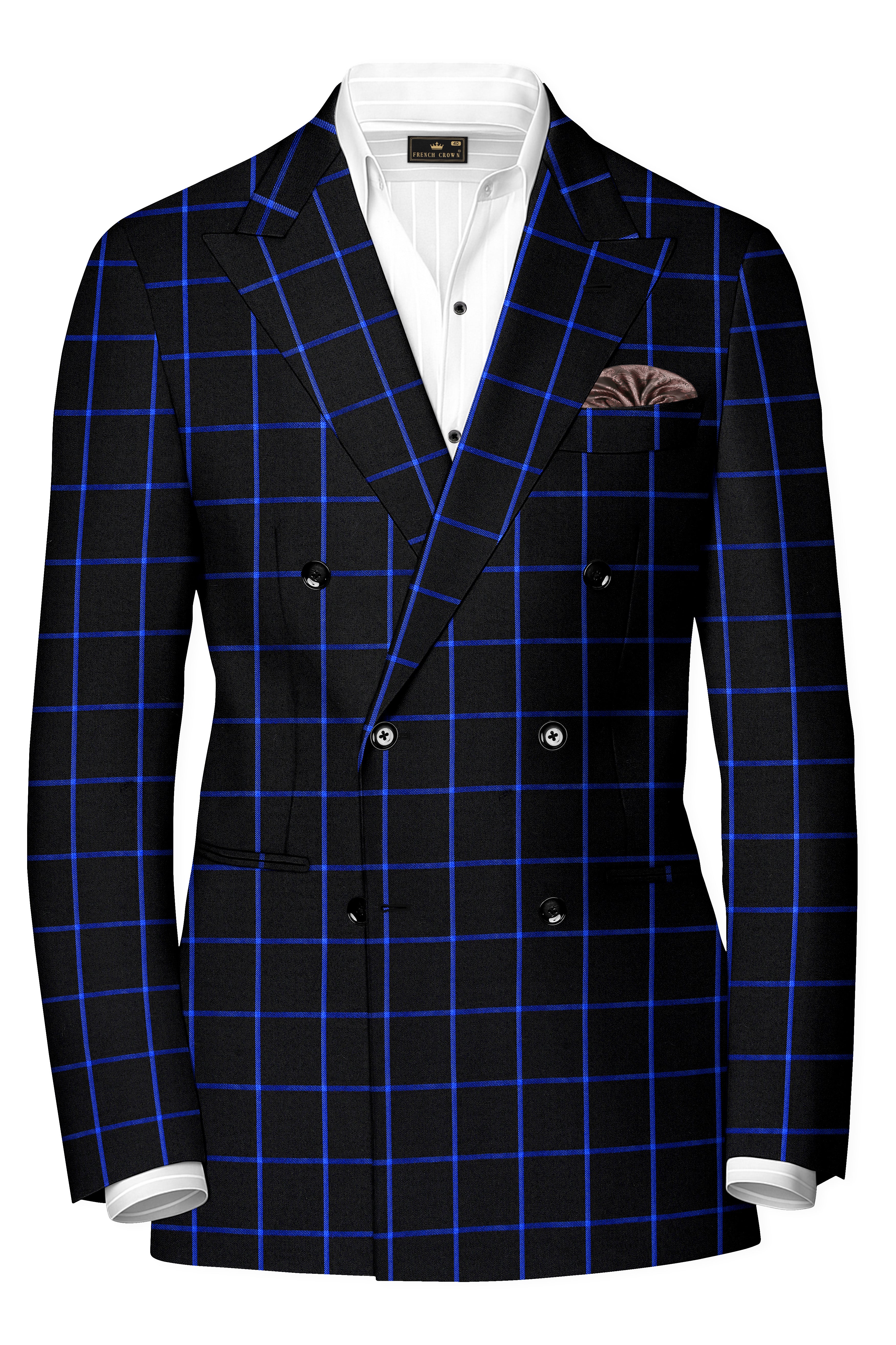 Panevoro-Jade Black With Cerulean Blue Windowpane Wool Rich Double Breasted Suit