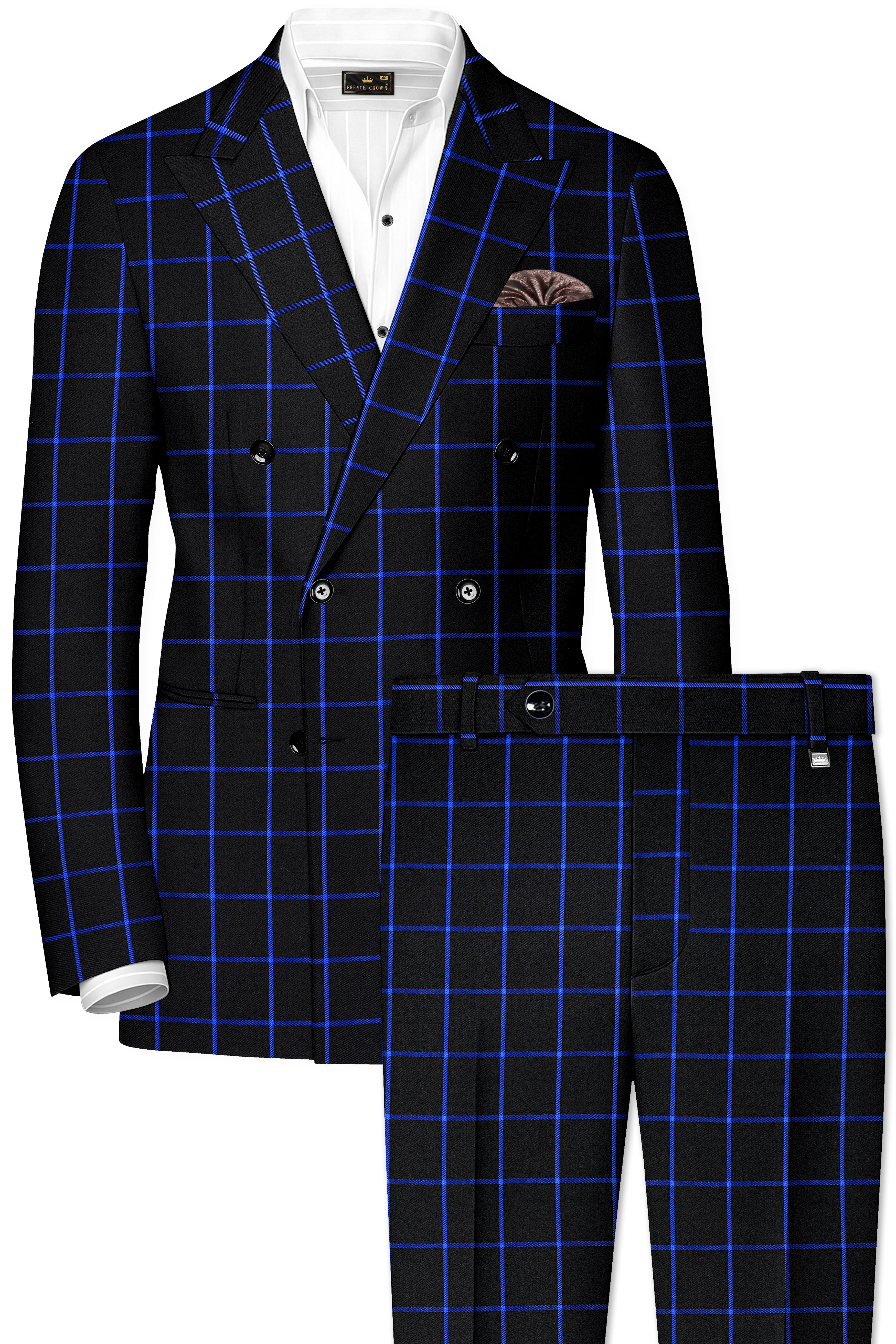 Panevoro-Jade Black With Cerulean Blue Windowpane Wool Rich Double Breasted Suit