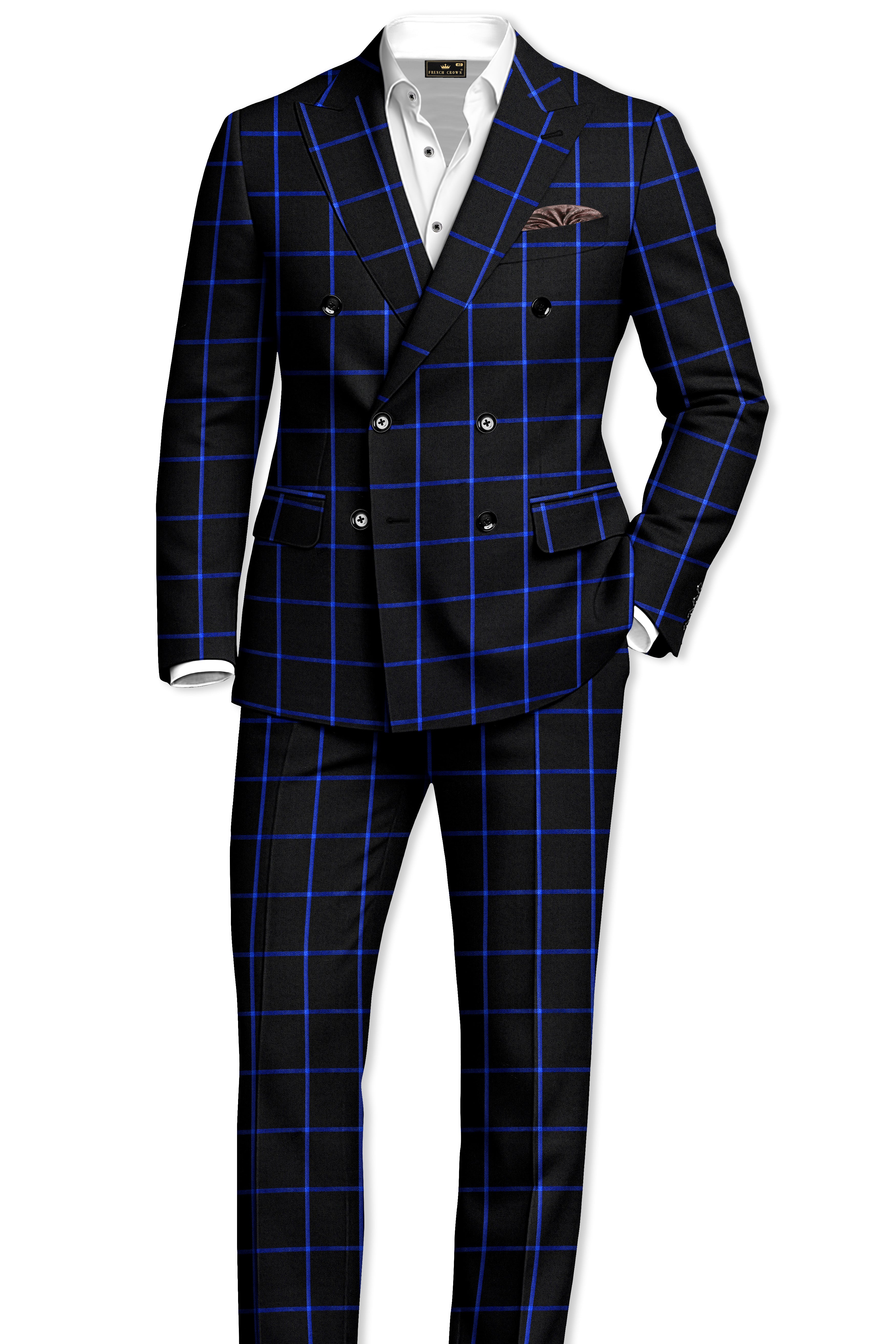 Panevoro-Jade Black With Cerulean Blue Windowpane Wool Rich Double Breasted Suit