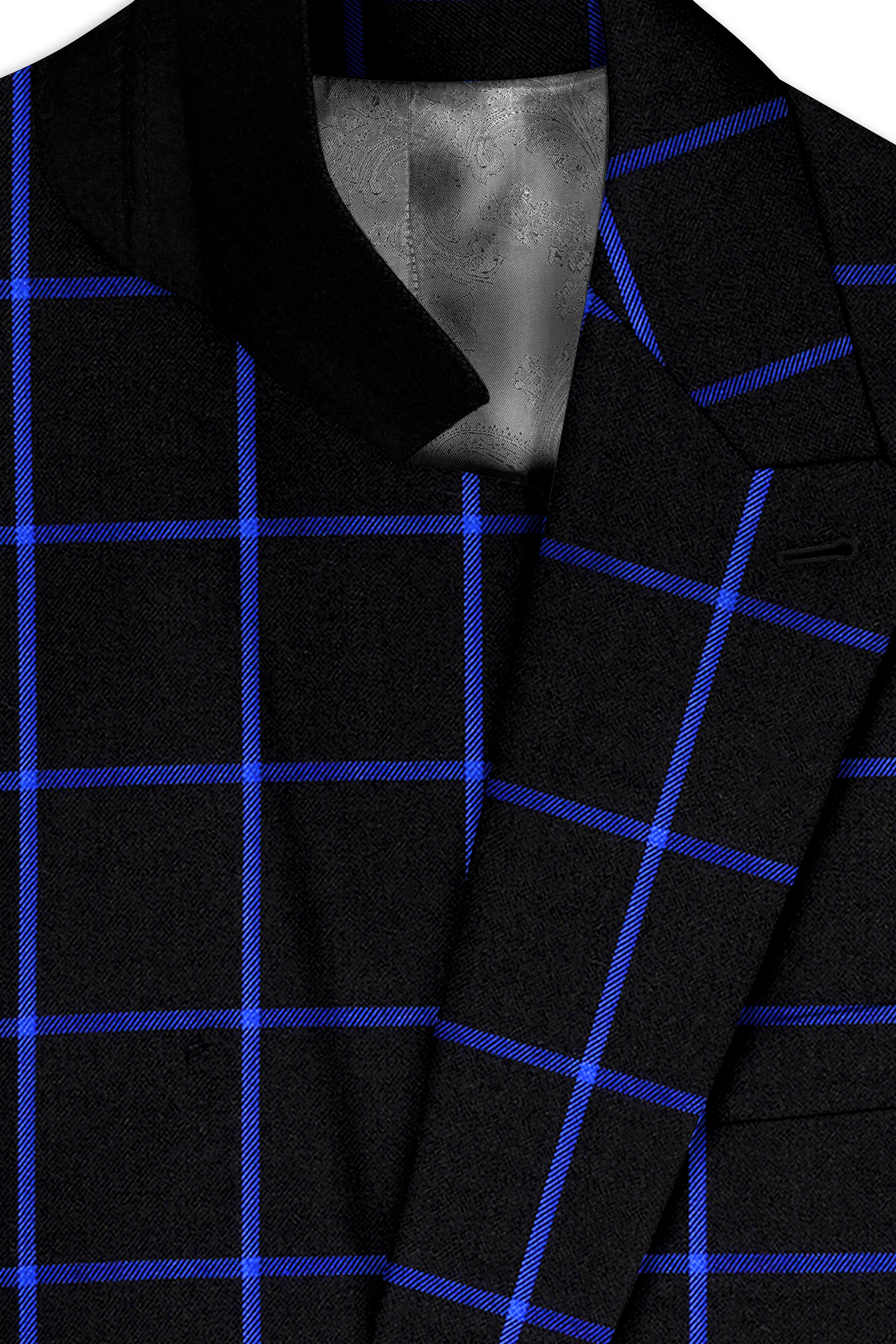 Panevoro-Jade Black With Cerulean Blue Windowpane Wool Rich Double Breasted Suit