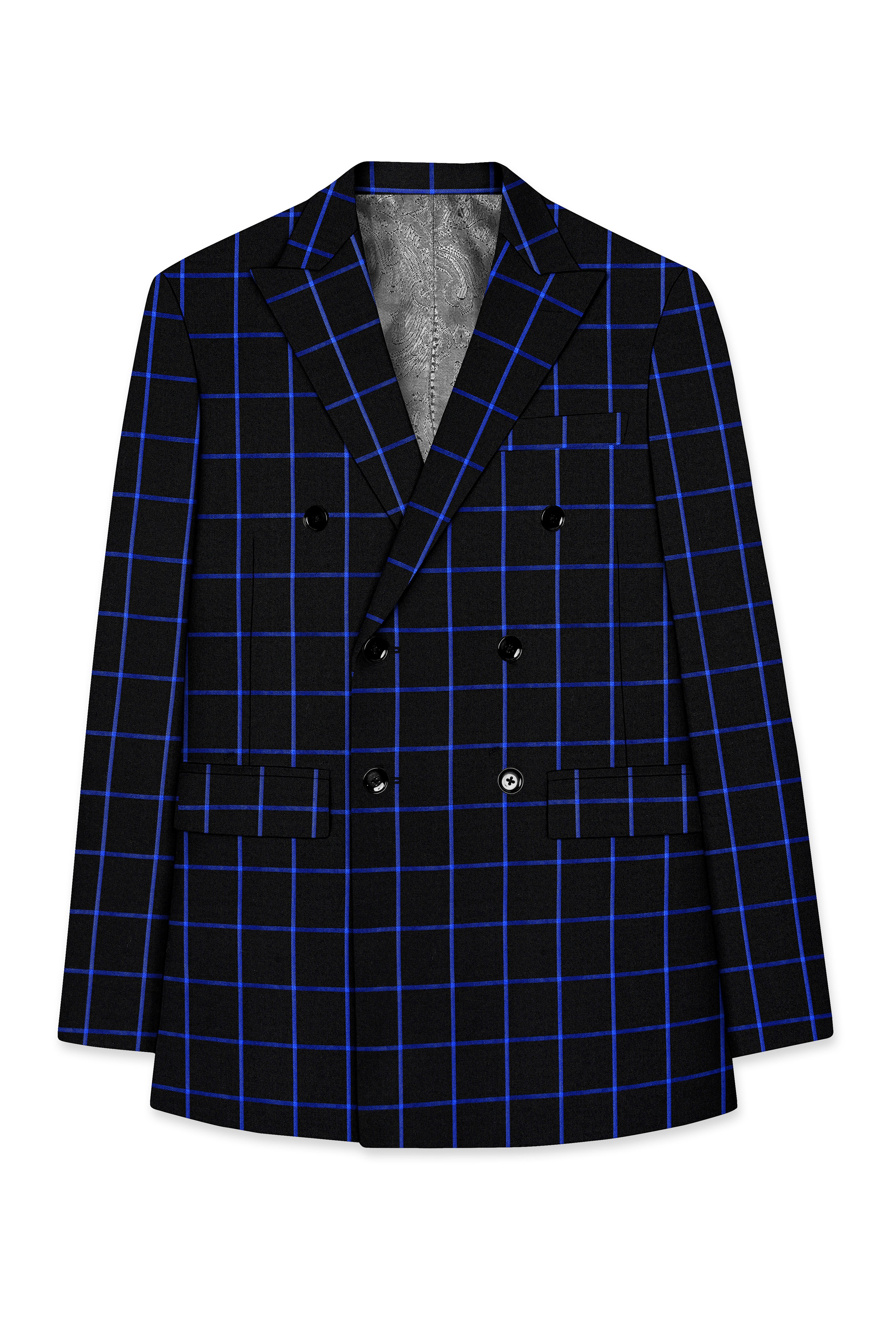 Panevoro-Jade Black With Cerulean Blue Windowpane Wool Rich Double Breasted Suit
