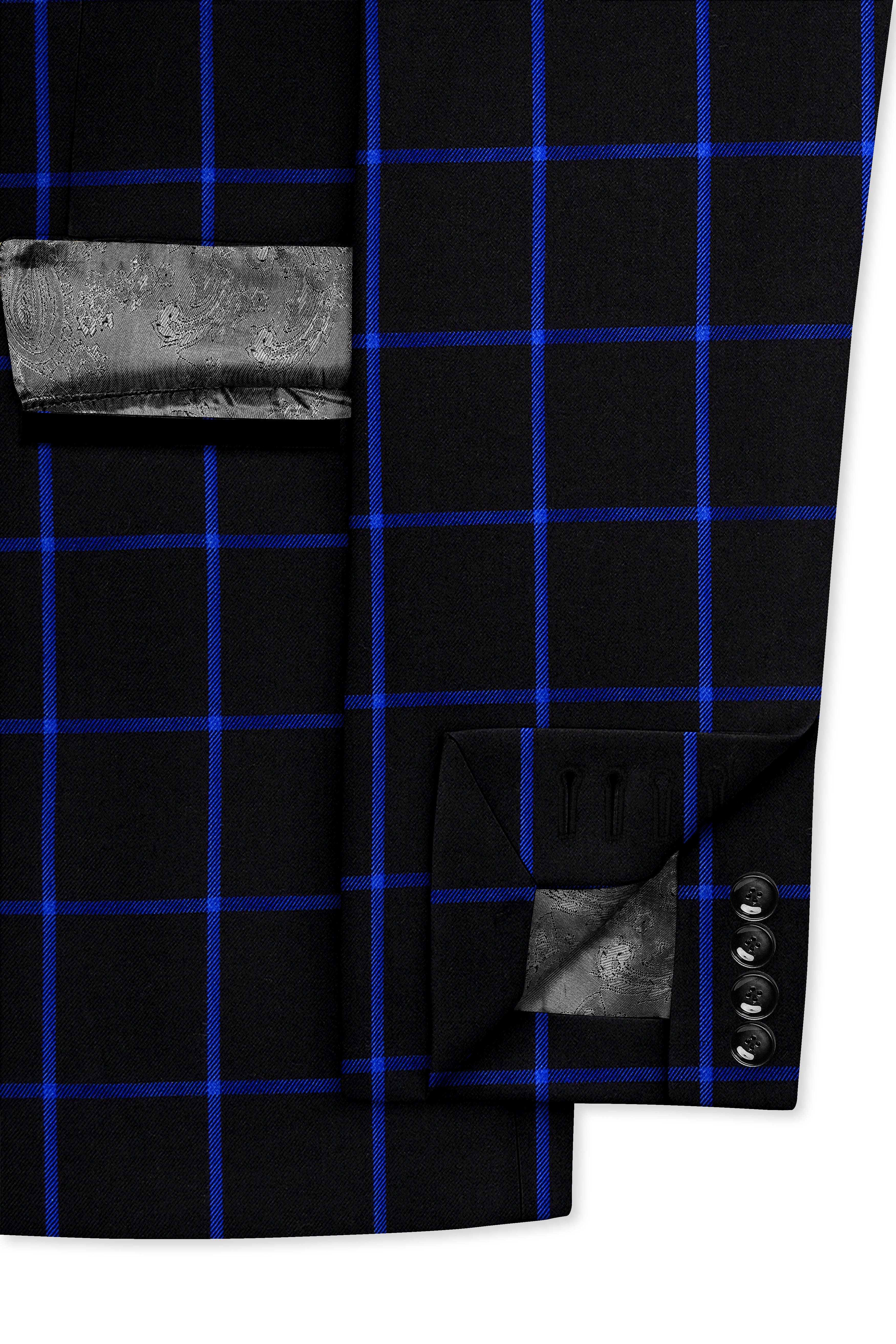 Panevoro-Jade Black With Cerulean Blue Windowpane Wool Rich Tuxedo Suit