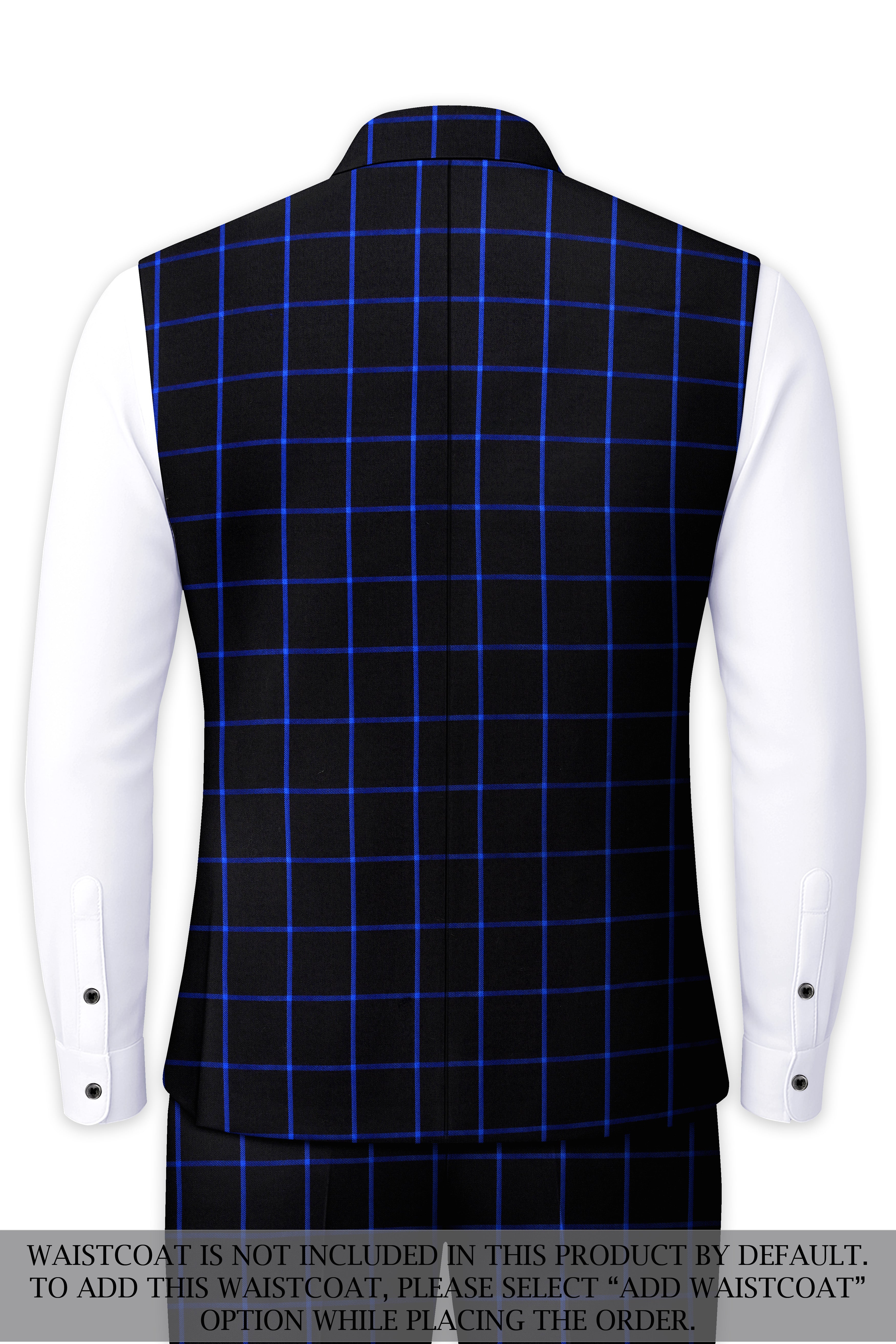 Panevoro-Jade Black With Cerulean Blue Windowpane Wool Rich Cross Placket Bandhgala Suit