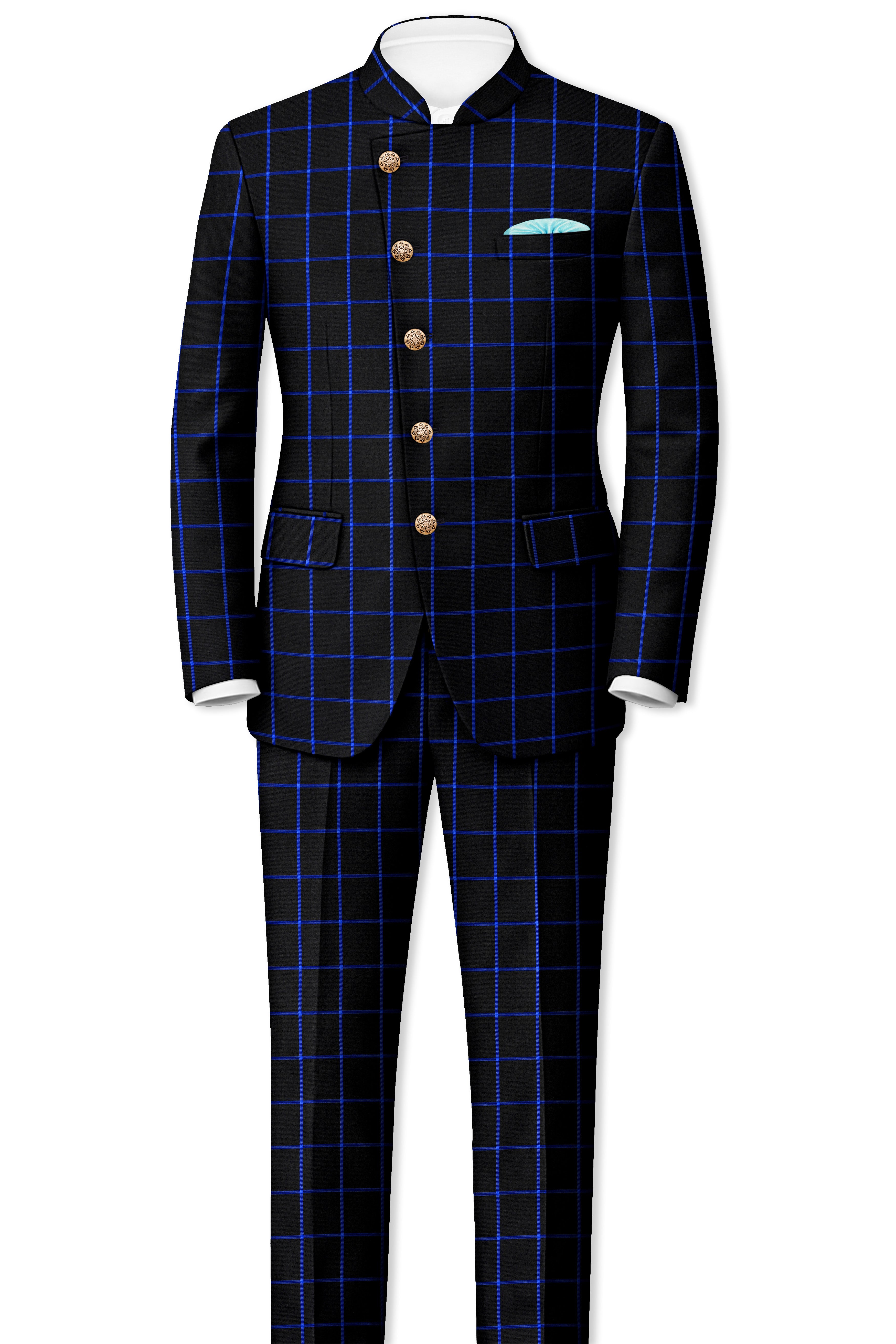 Panevoro-Jade Black With Cerulean Blue Windowpane Wool Rich Cross Placket Bandhgala Suit