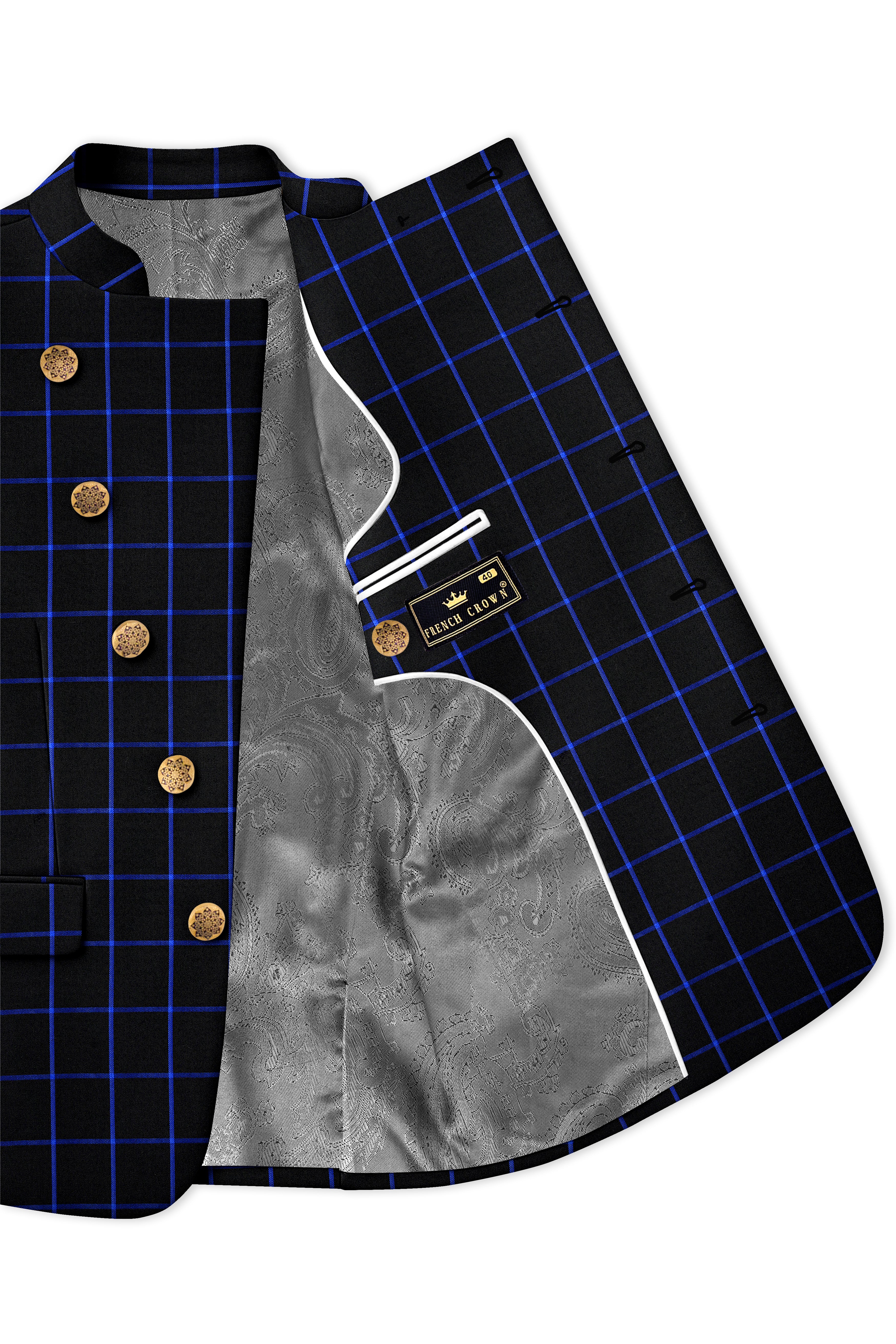 Panevoro-Jade Black With Cerulean Blue Windowpane Wool Rich Cross Placket Bandhgala Suit