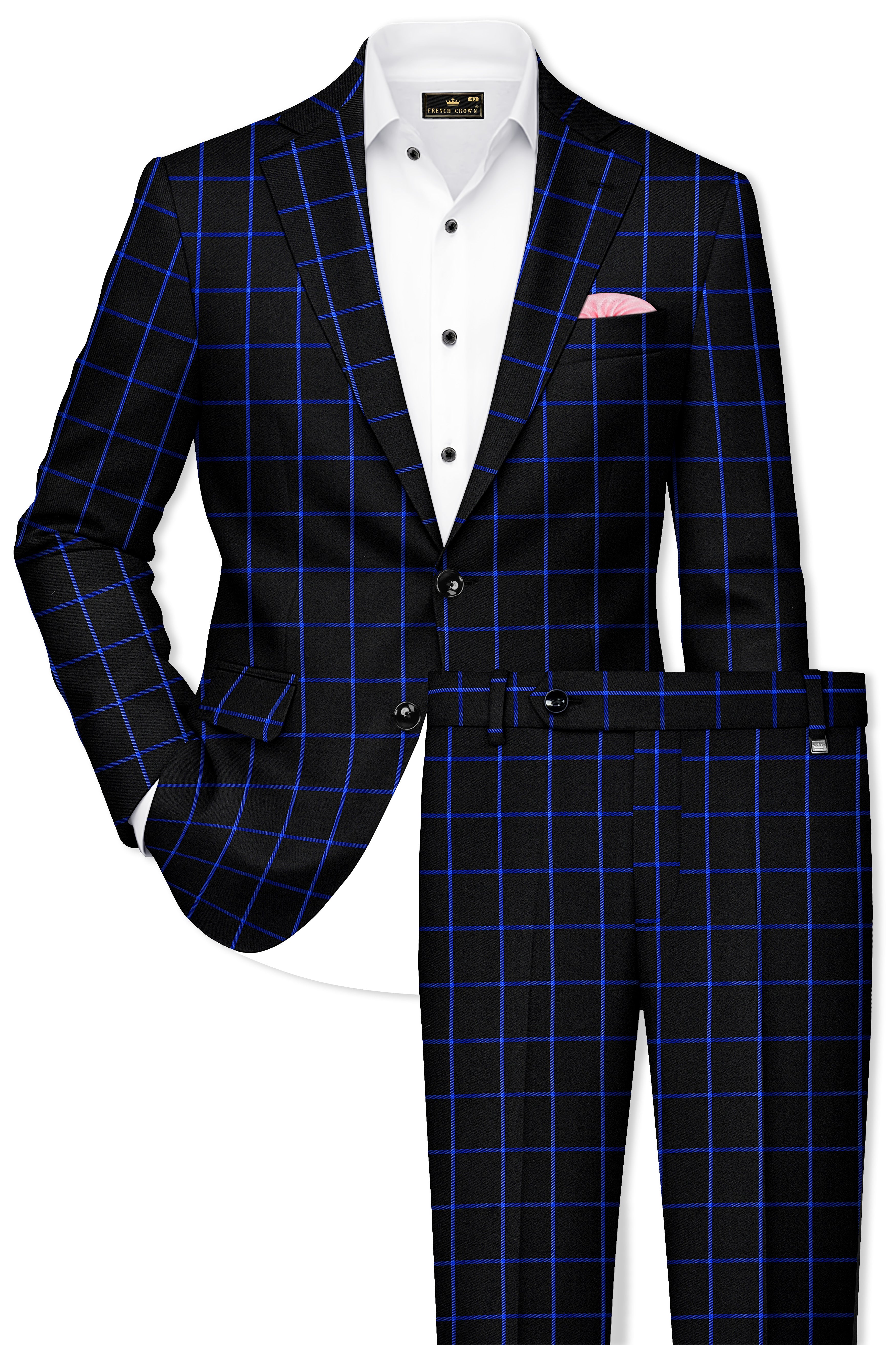 Panevoro-Jade Black With Cerulean Blue Windowpane Wool Rich Single Breasted Suit