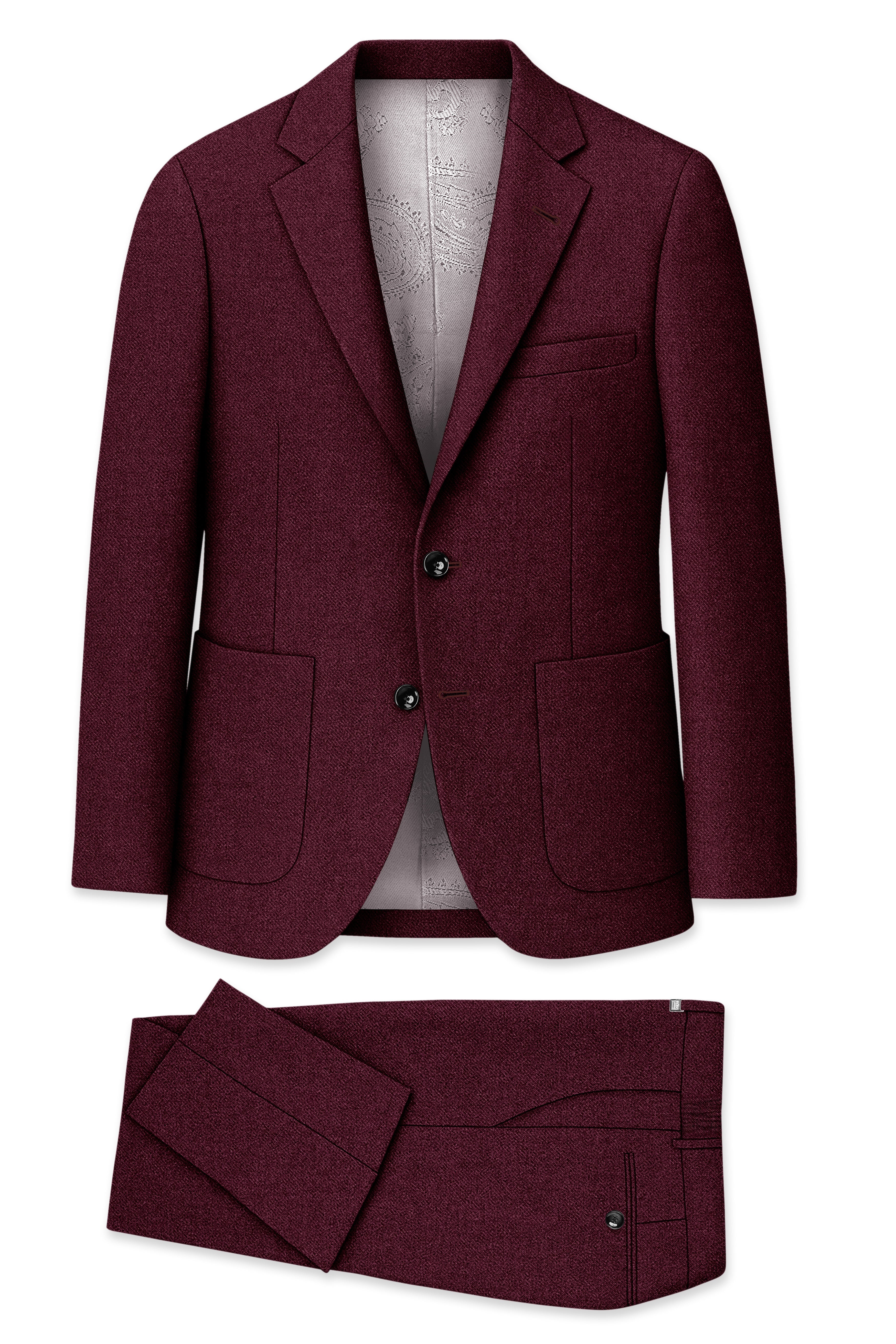 Burgvoro-Crated Maroon Textured Tweed Single Breasted Sports Suit