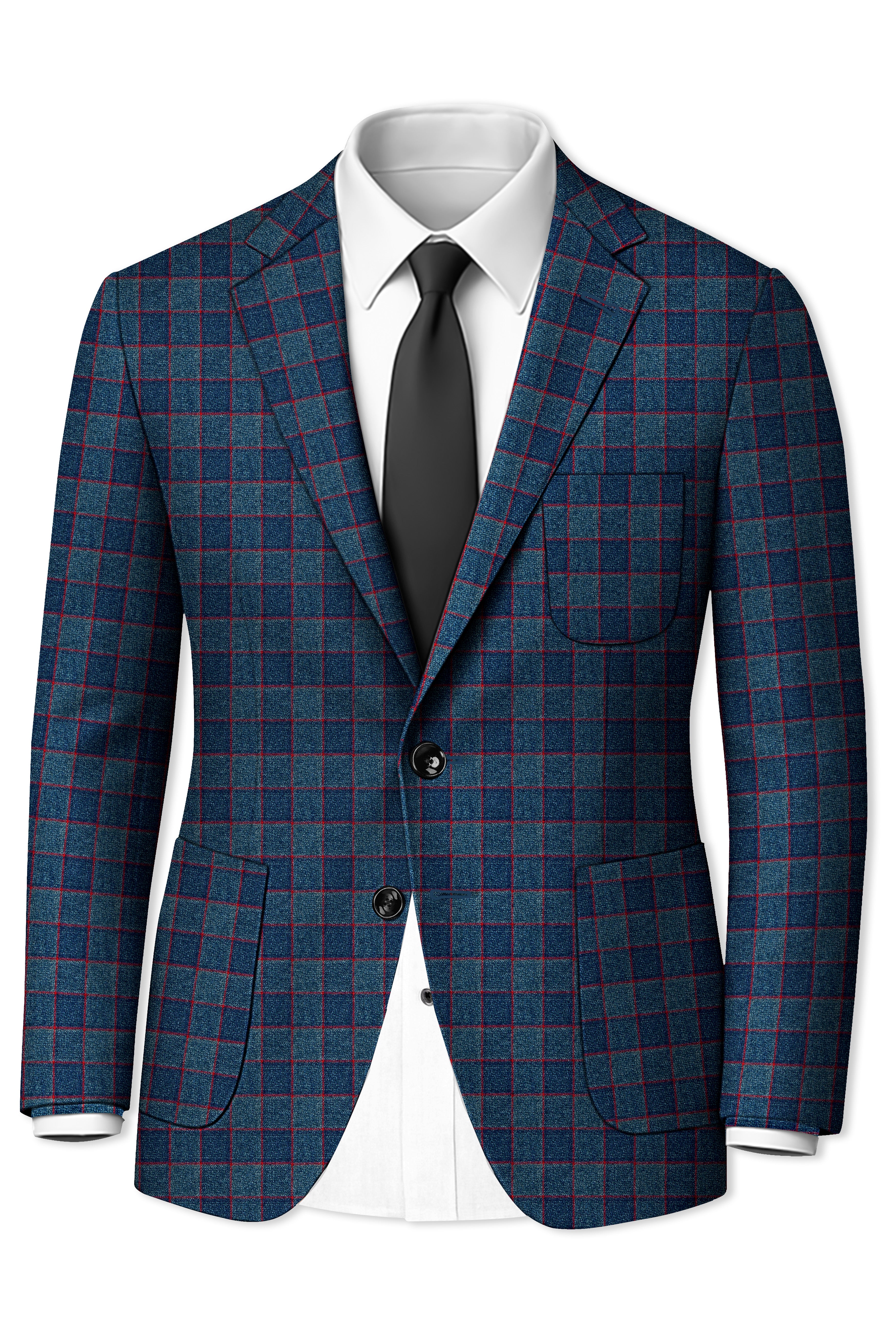 Panevoro-Vintage Blue Windowpane Premium Cotton Single Breasted Sports Suit