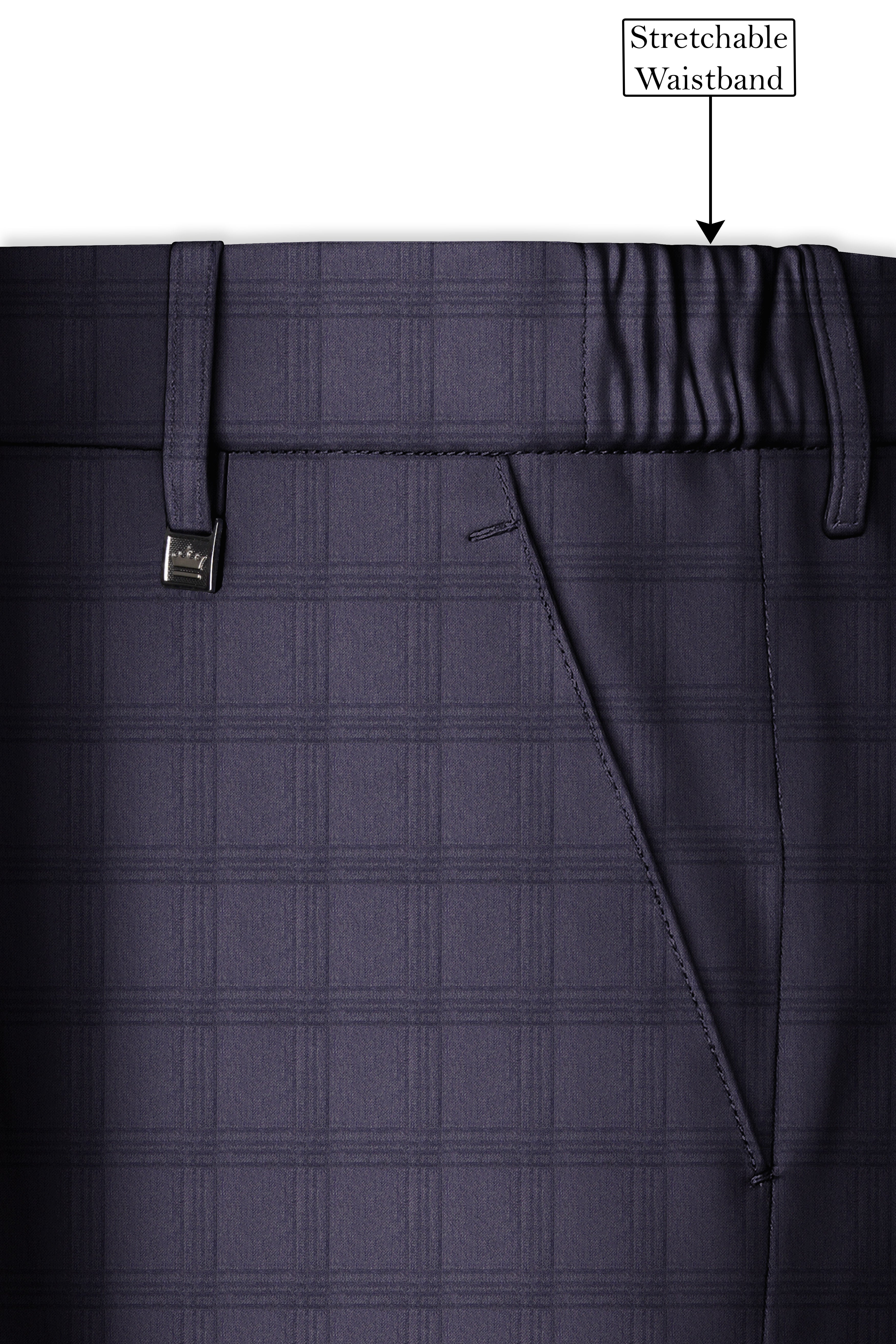 Auretuna-Tuna Blue Tonal Check Plaid Wool Rich Stretchable Waistband Pant