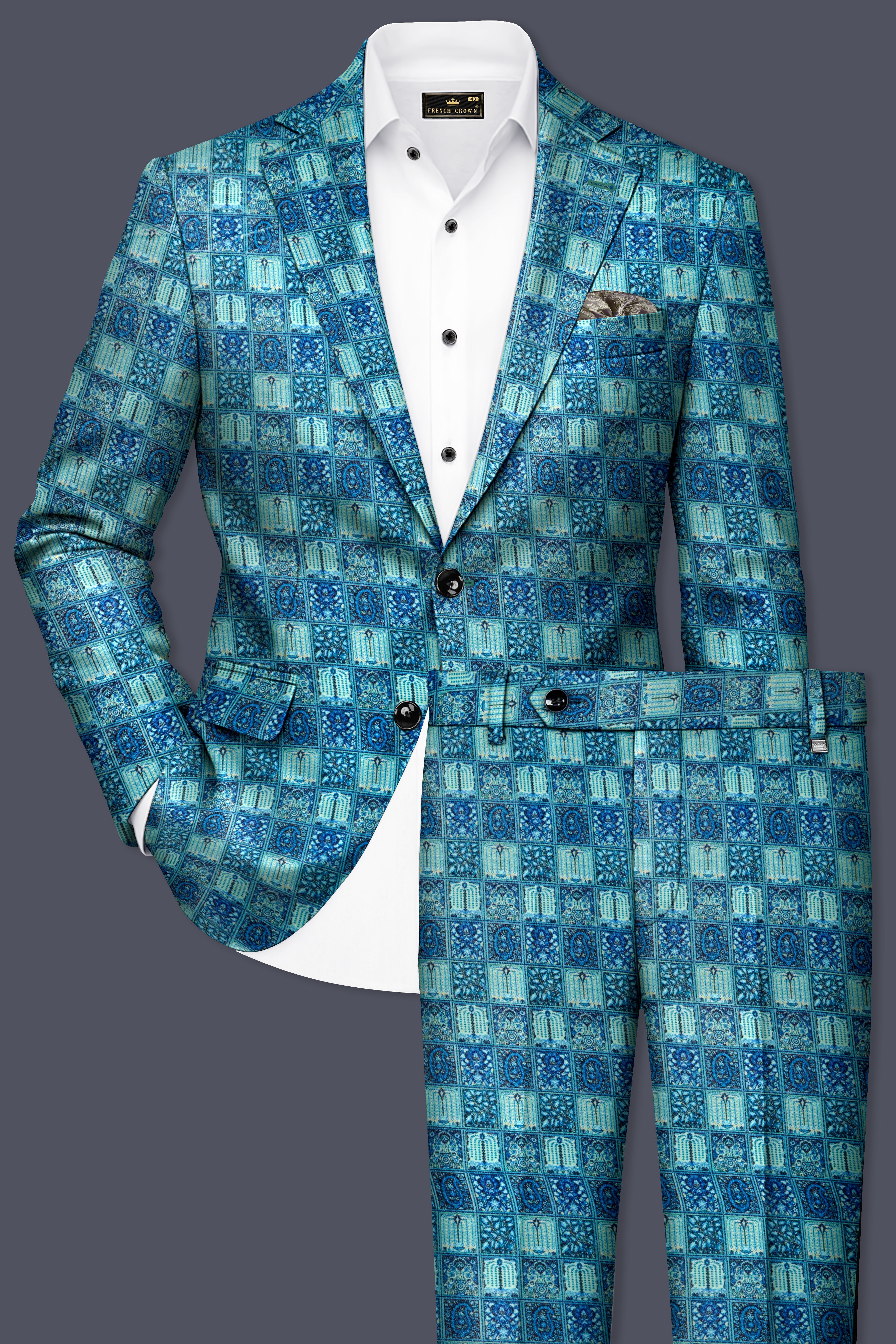 Mosaivoro-Caribbean Blue Geometric Mosaic Printed Velvet Single Breasted Suit