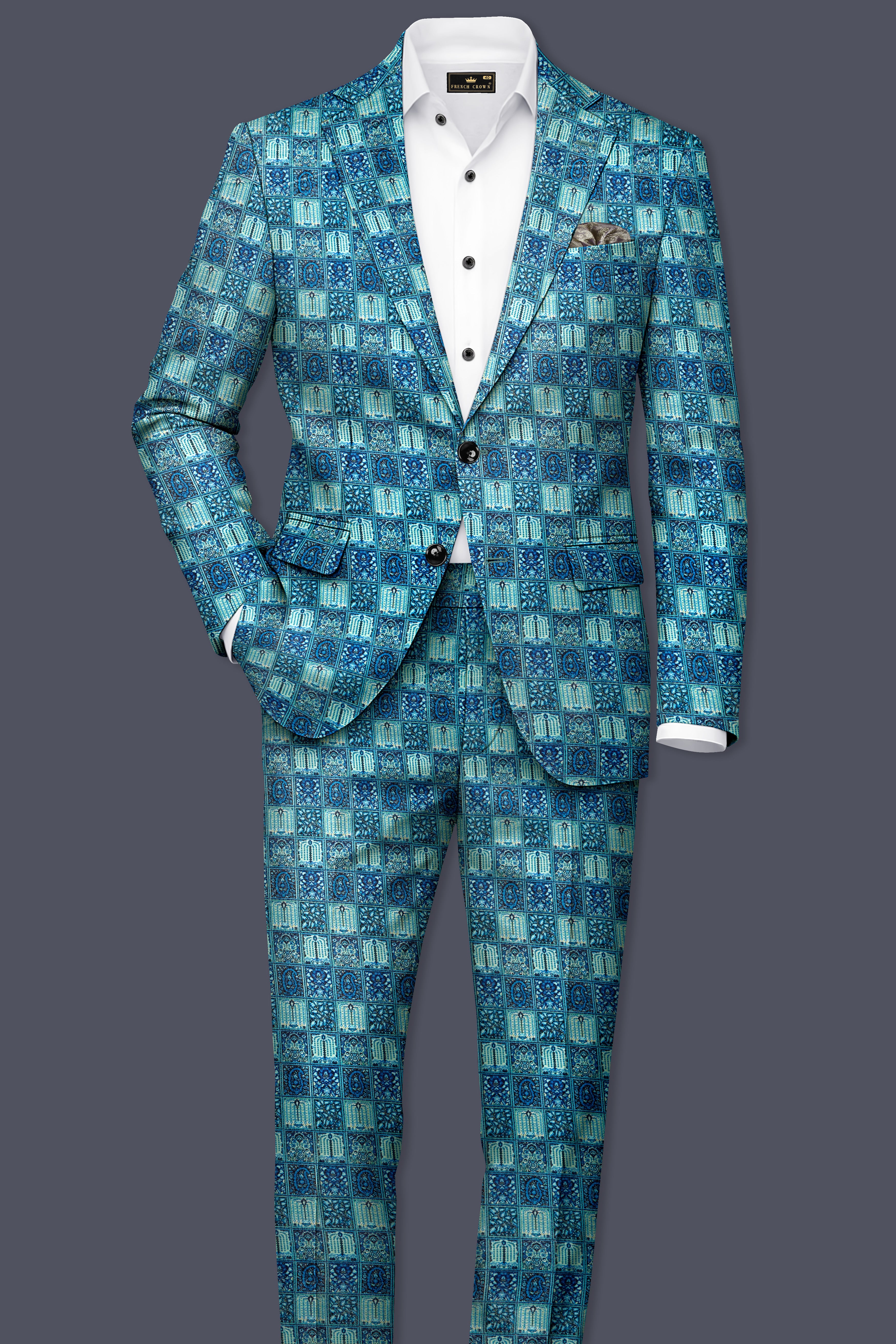 Mosaivoro-Caribbean Blue Geometric Mosaic Printed Velvet Single Breasted Suit