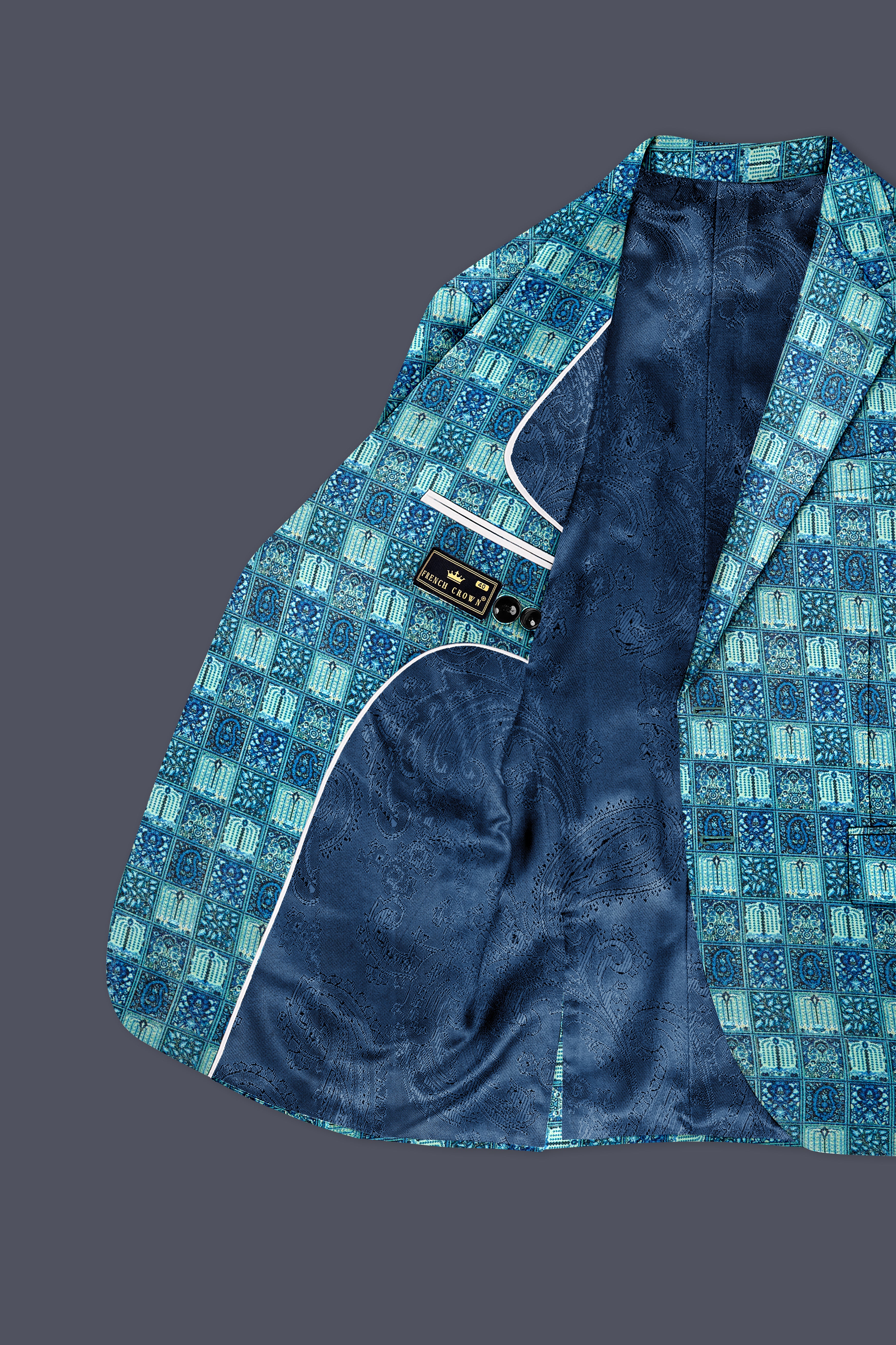 Mosaivoro-Caribbean Blue Geometric Mosaic Printed Velvet Single Breasted Suit