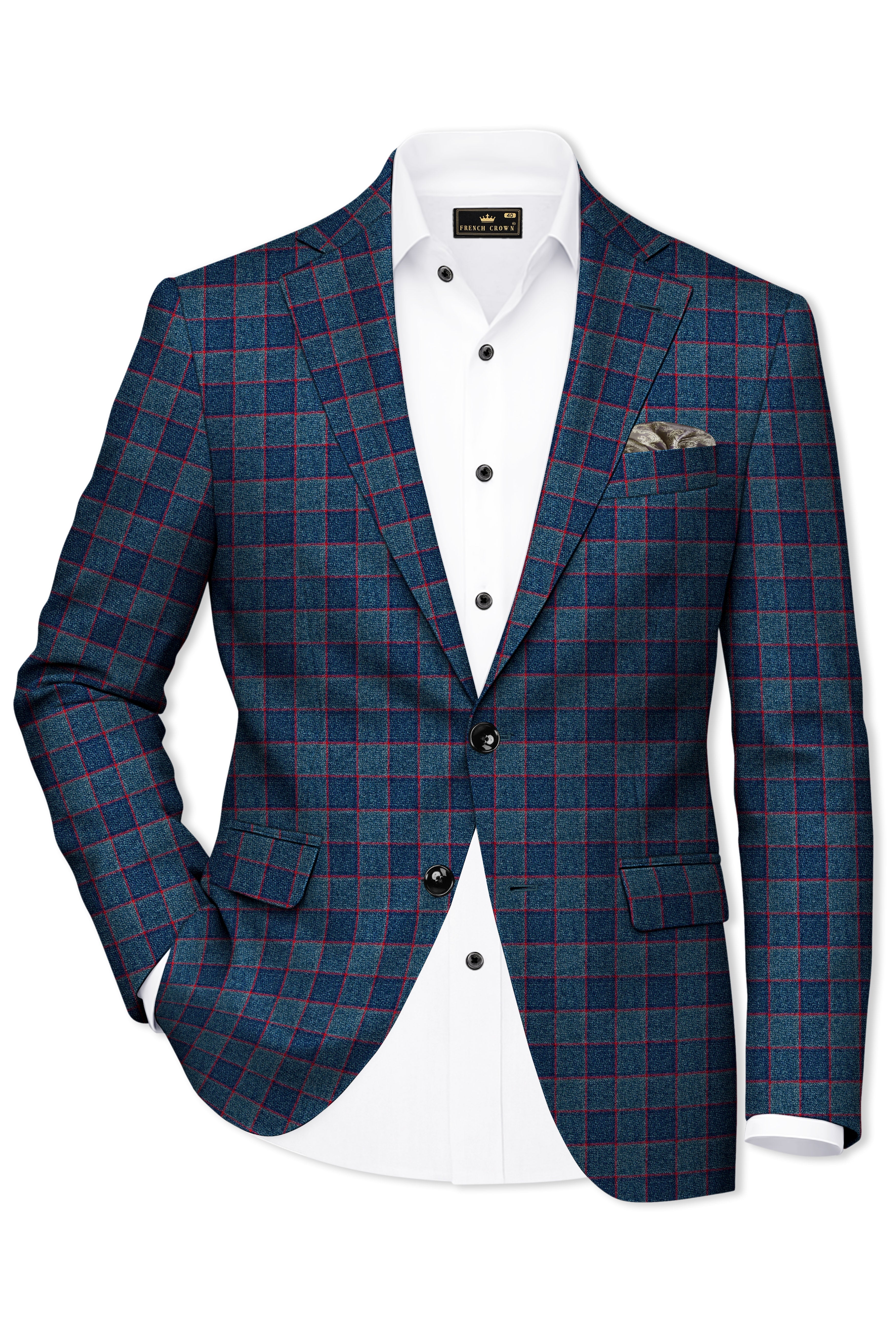 Panevoro-Vintage Blue Windowpane Premium Cotton Single Breasted Suit