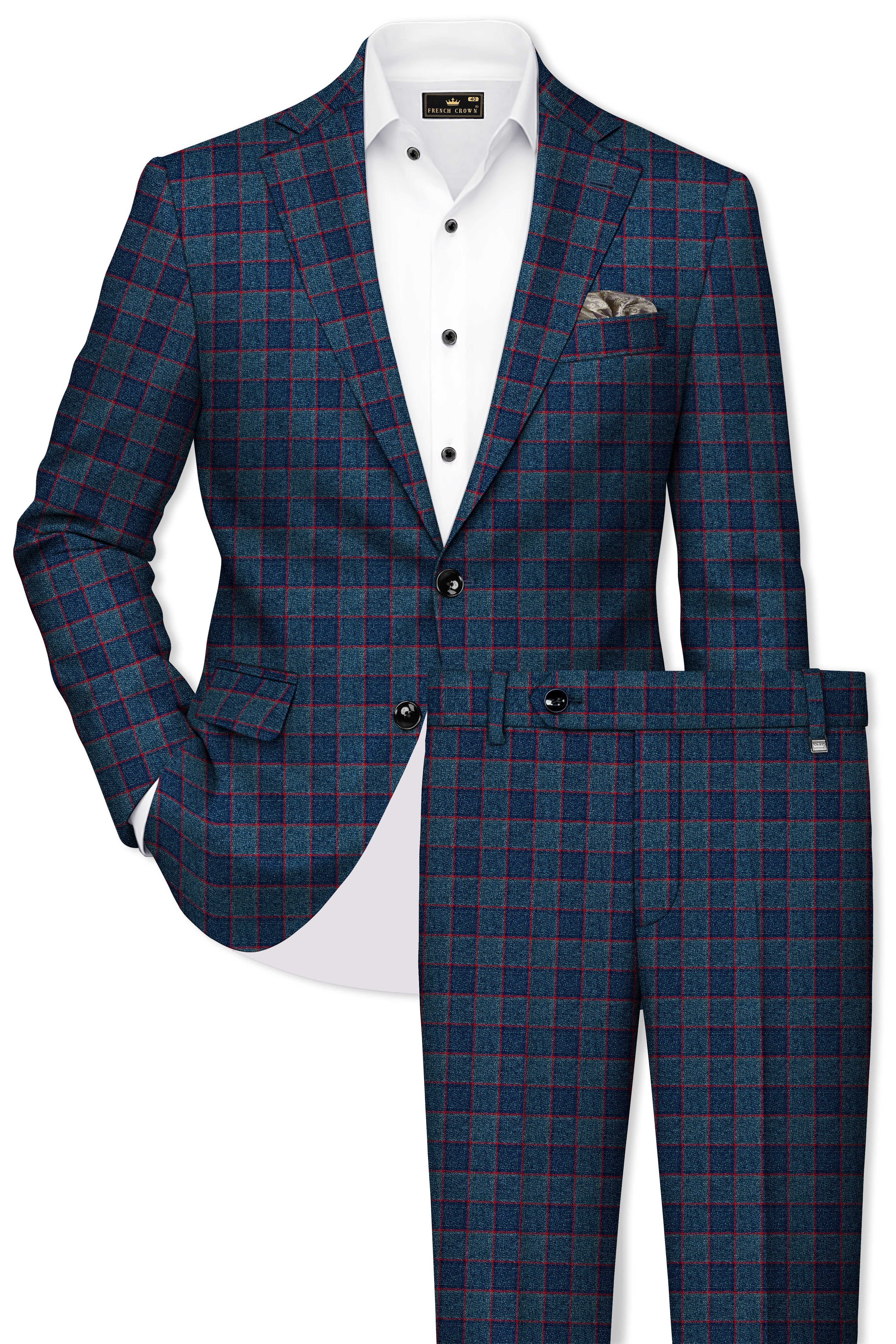 Panevoro-Vintage Blue Windowpane Premium Cotton Single Breasted Suit