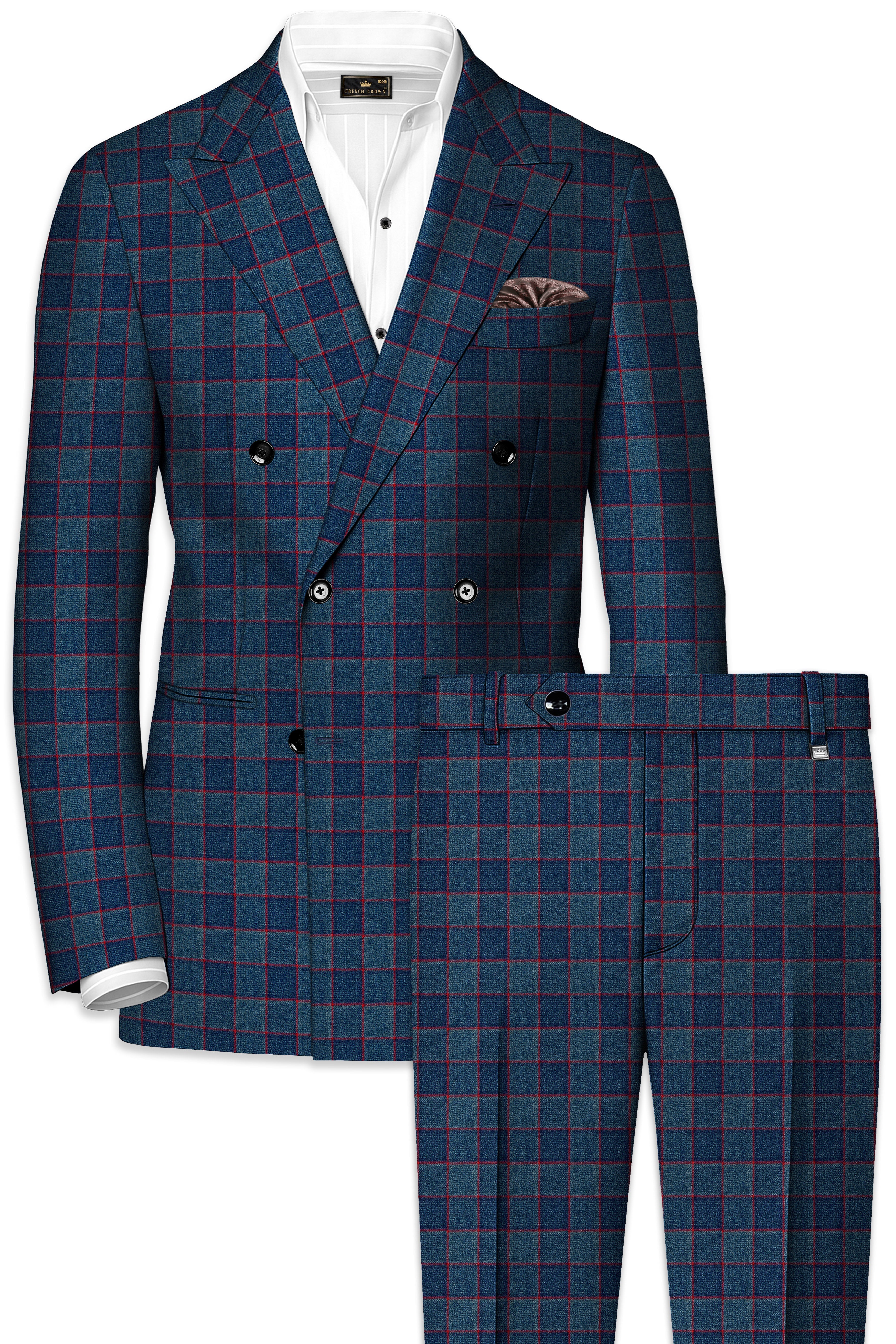 Panevoro-Vintage Blue Windowpane Premium Cotton Double Breasted Suit