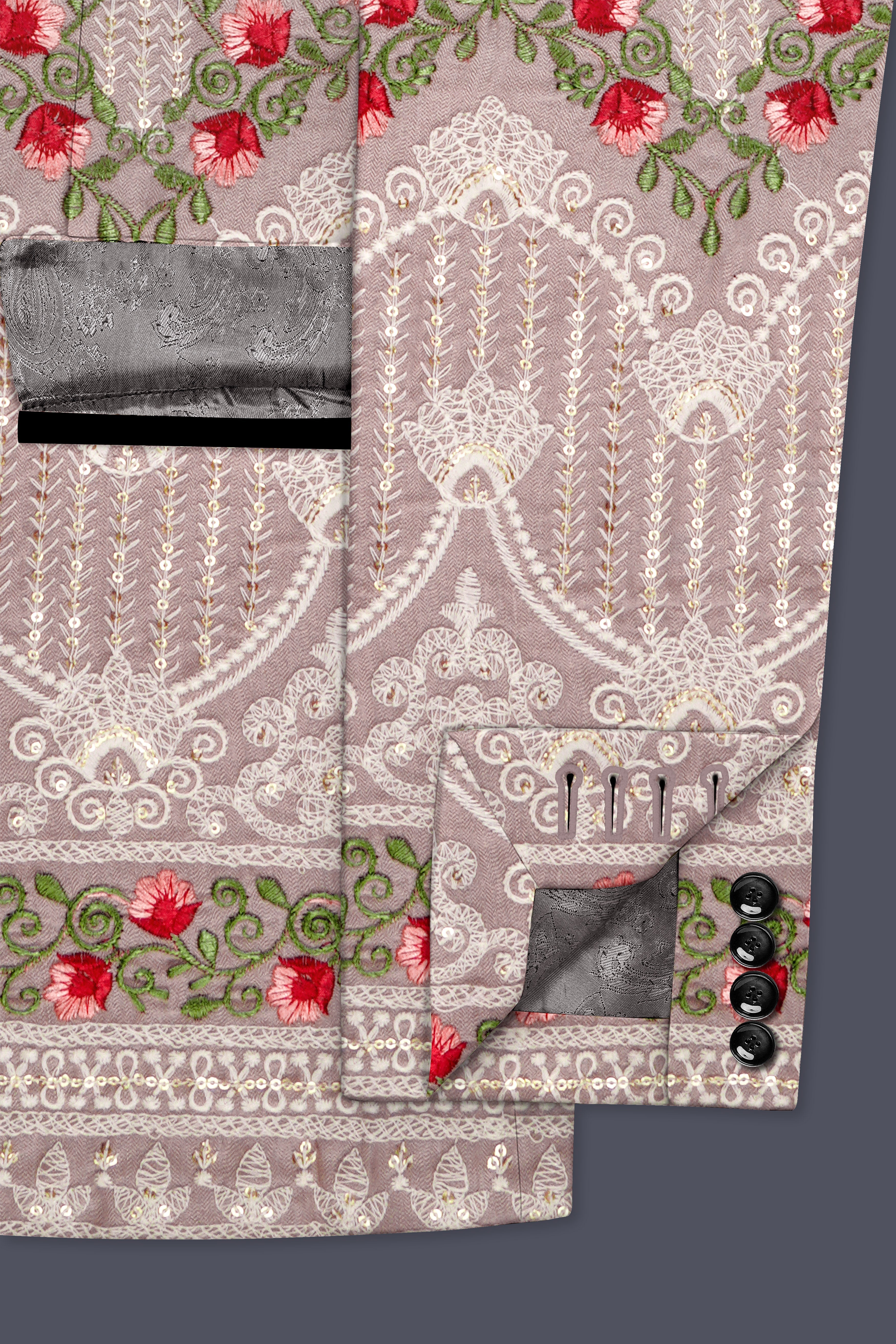 Luminza-Martini Cream Merlot Red Multicolour Thread and Sequin Embroidered Designer Peak Lapel Tuxedo Suit