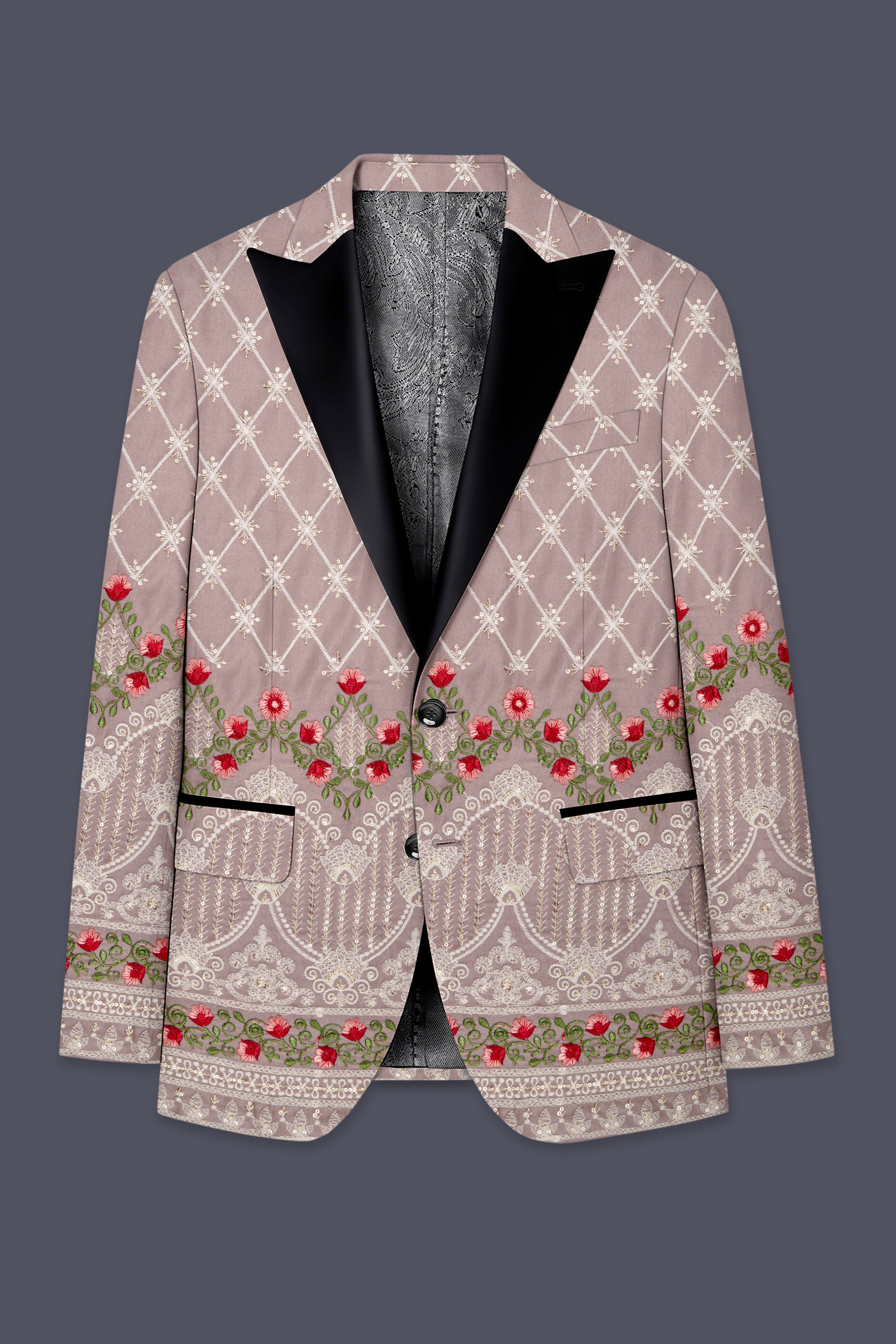 Luminza-Martini Cream Merlot Red Multicolour Thread and Sequin Embroidered Designer Peak Lapel Tuxedo Suit