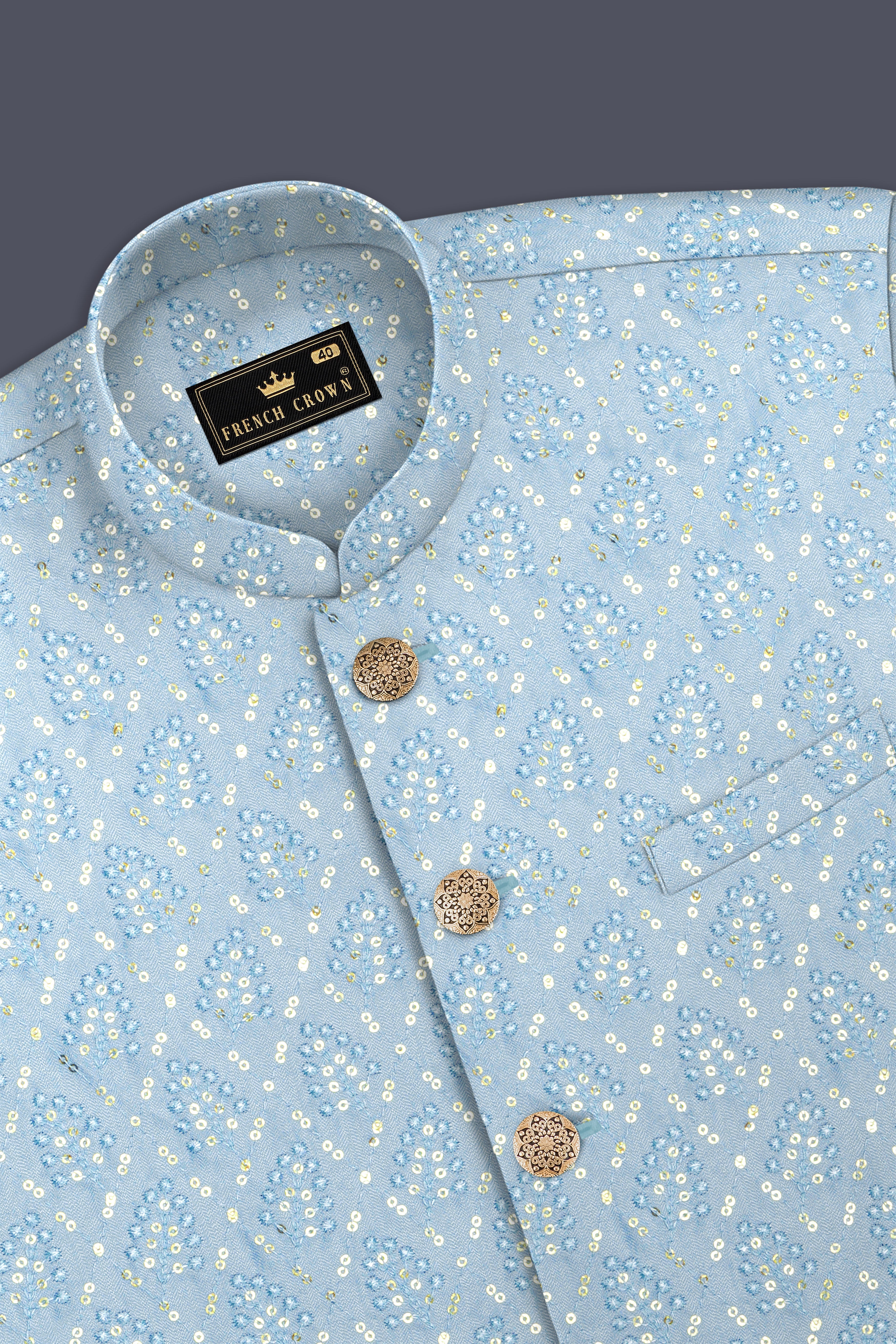 Azurora-Carolina Blue Thread and Sequin Embroidered Designer Peak Lapel Tuxedo Suit