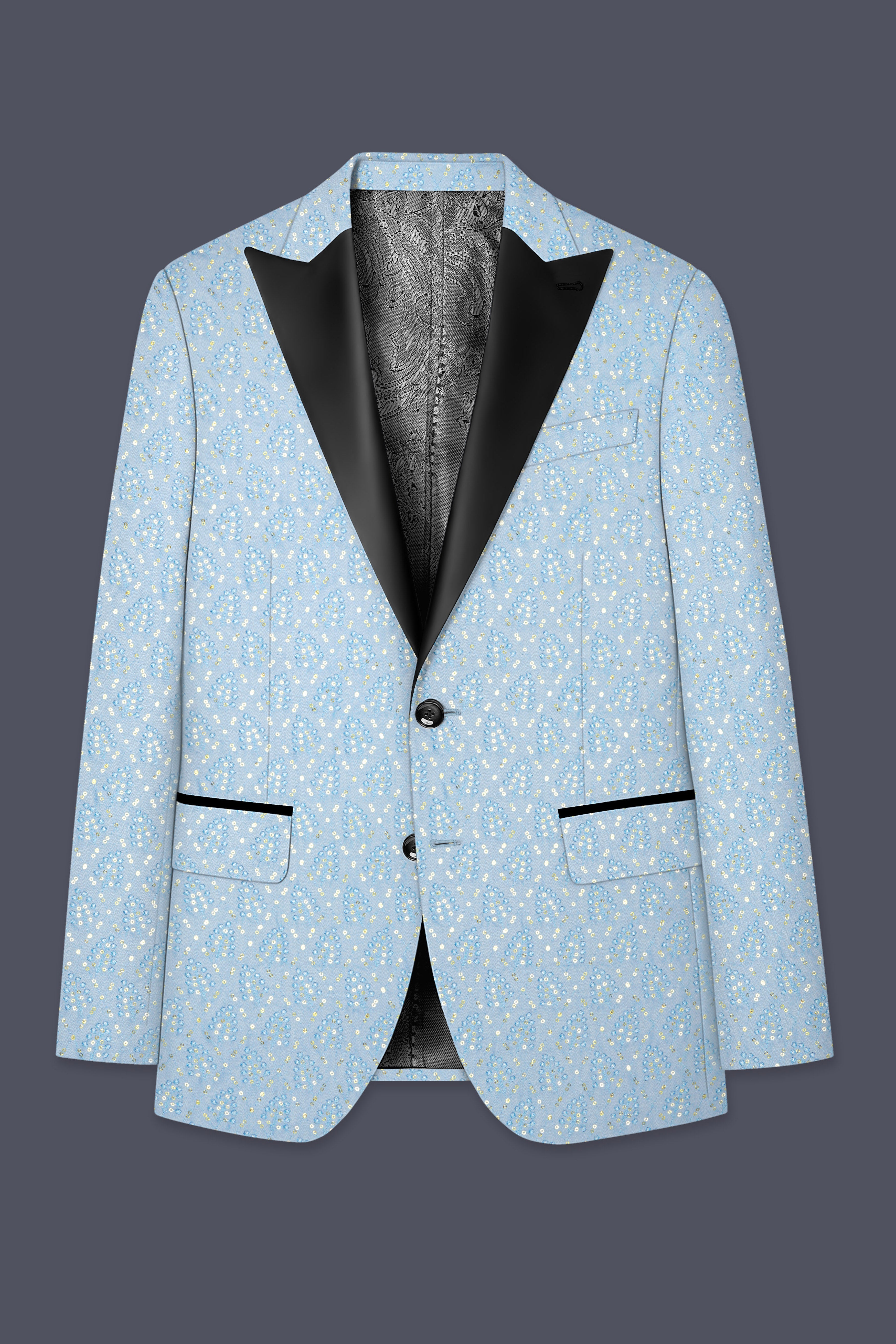 Azurora-Carolina Blue Thread and Sequin Embroidered Designer Peak Lapel Tuxedo Suit