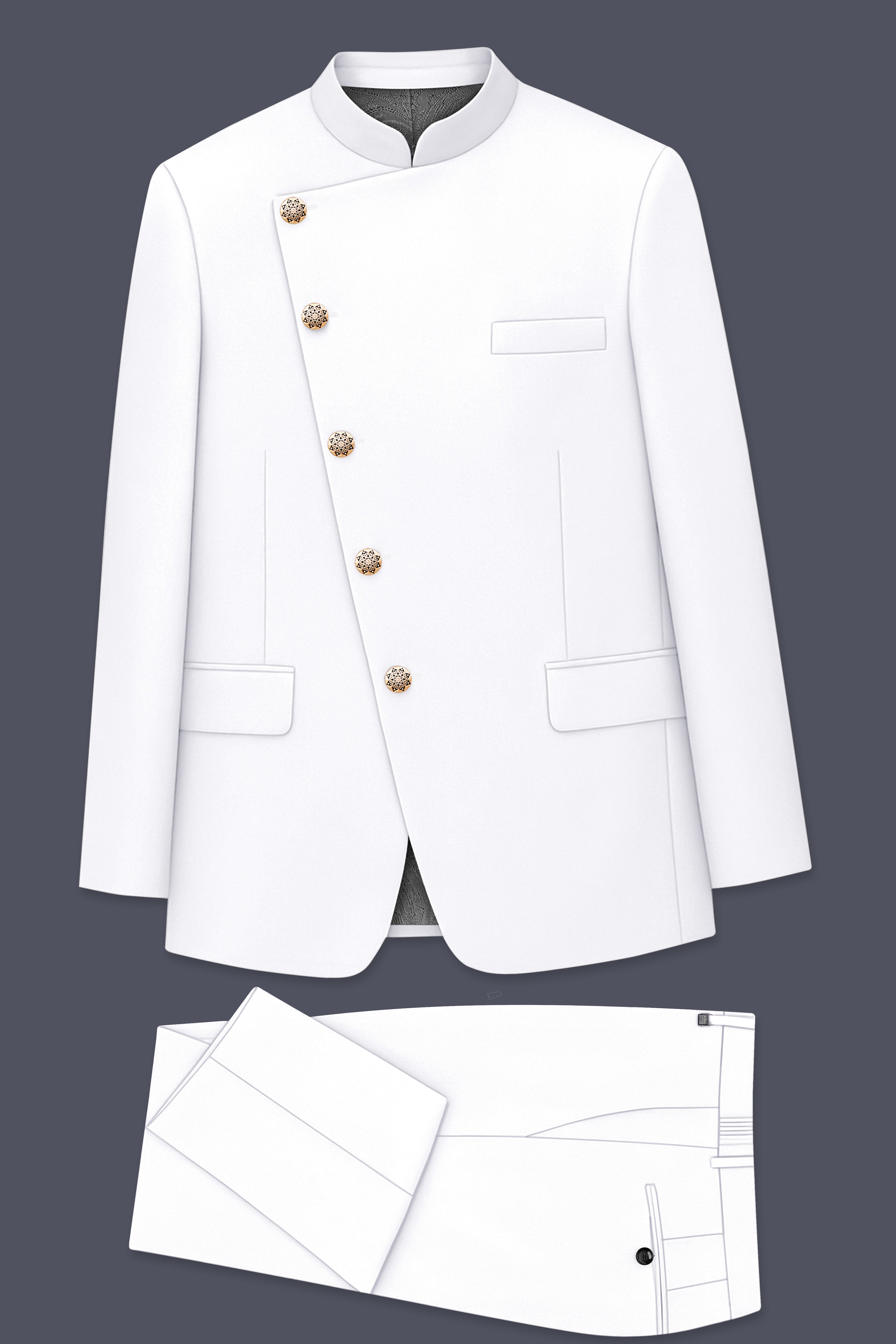 Shiro-Japanese Bright White 4-Way Stretch Wrinkle-Free Wool Rich Cross Placket Bandhgala Suit