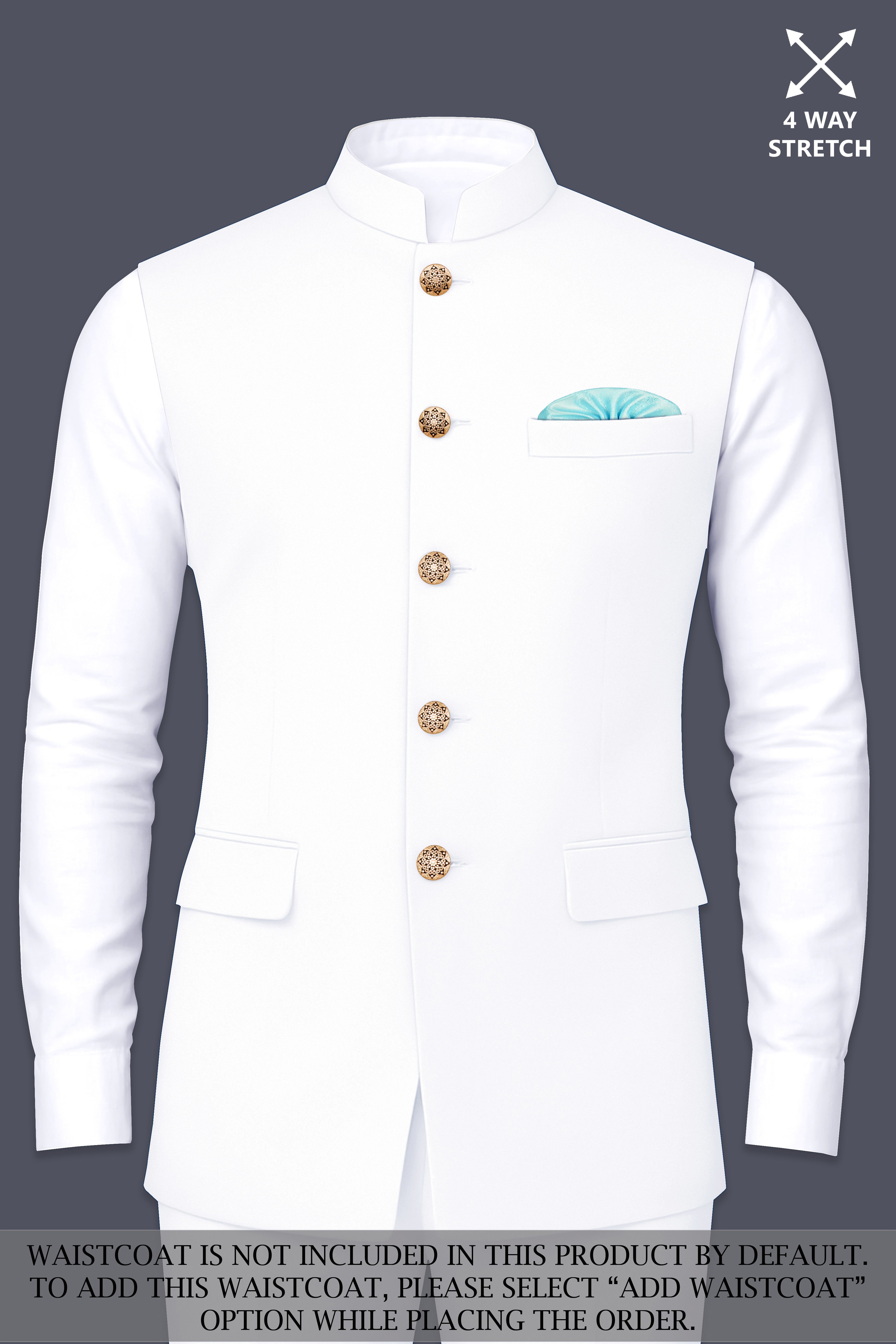 Shiro-Japanese Bright White 4-Way Stretch Wrinkle-Free Wool Rich Cross Placket Bandhgala Suit