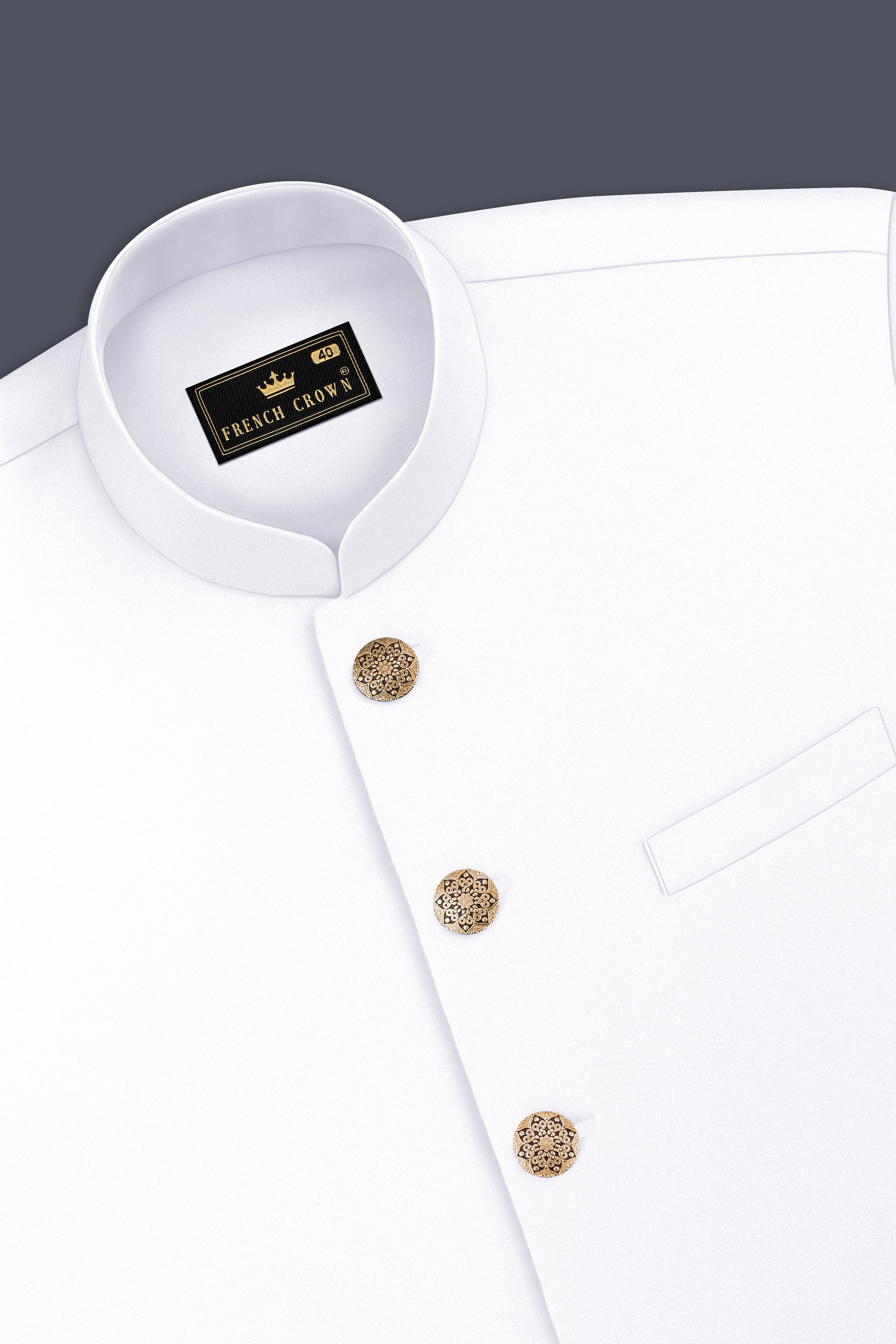 Shiro-Japanese Bright White 4-Way Stretch Wrinkle-Free Wool Rich Cross Placket Bandhgala Suit