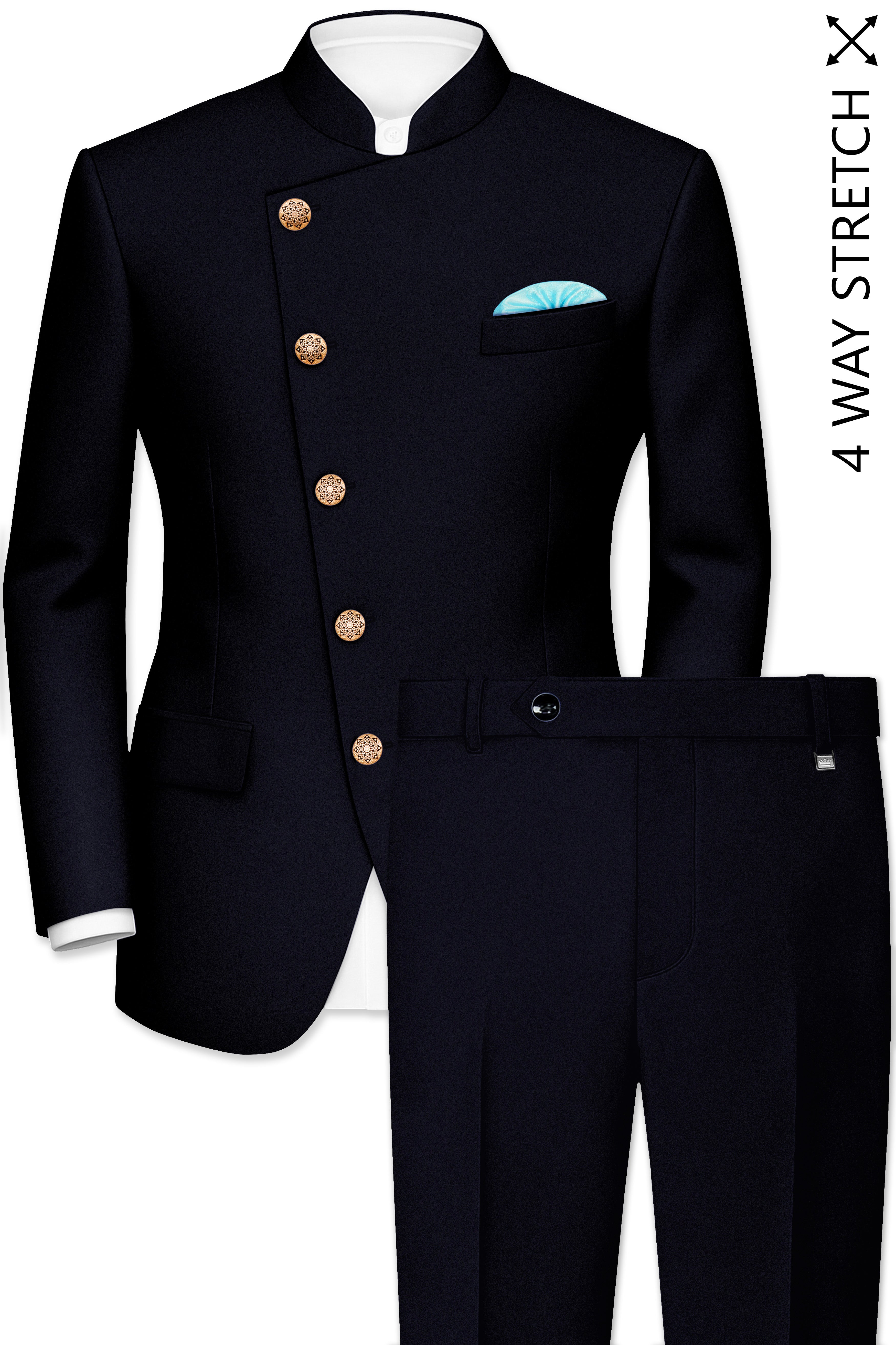 Aozora-Japanese Marine Blue 4-Way Stretch Wrinkle-Free Wool Rich Cross Placket Bandhgala Suit