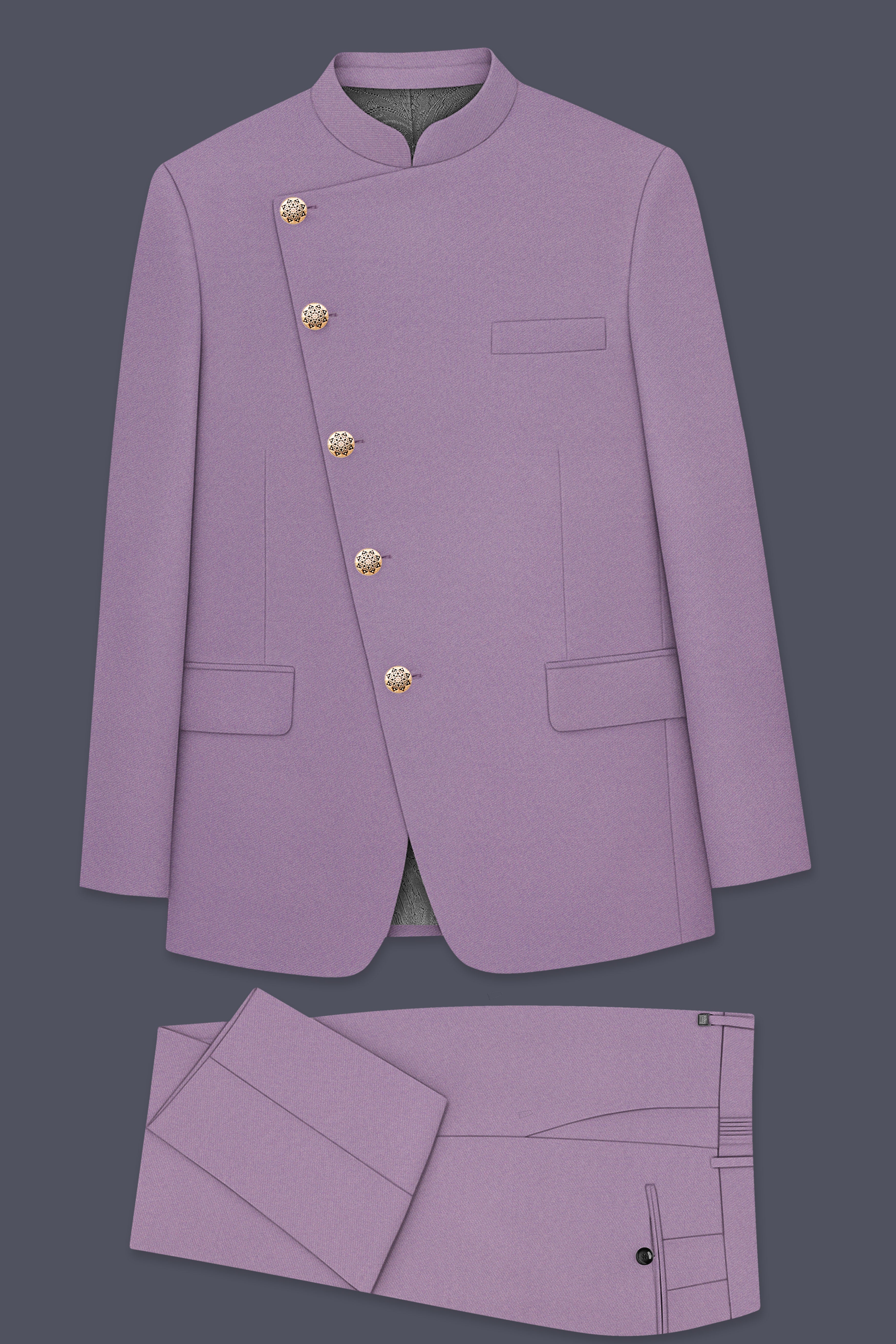 Violeto-Korean Mobster Purple 4-Way Stretch Wool Rich Cross Placket Bandhgala Suit