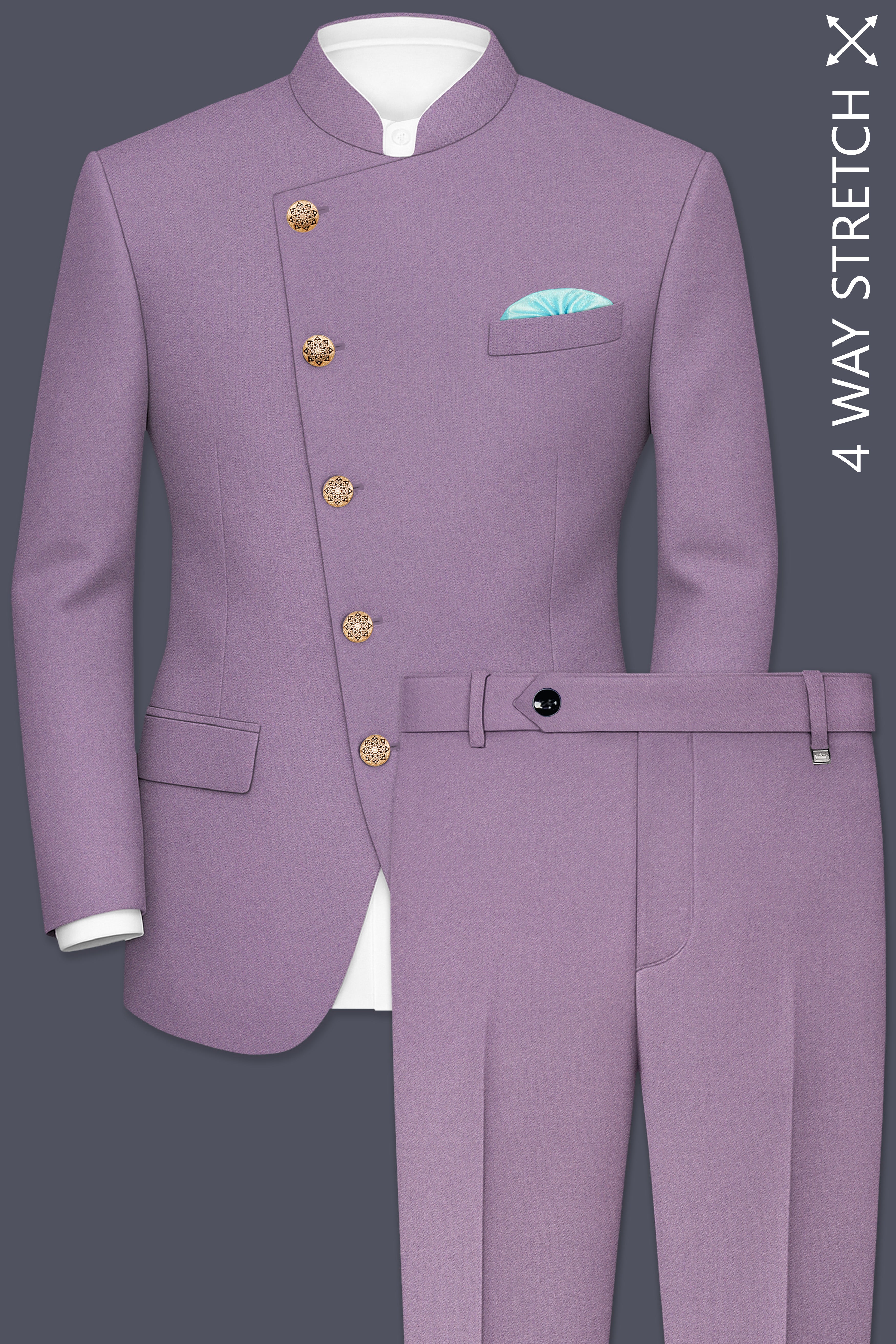 Violeto-Korean Mobster Purple 4-Way Stretch Wool Rich Cross Placket Bandhgala Suit