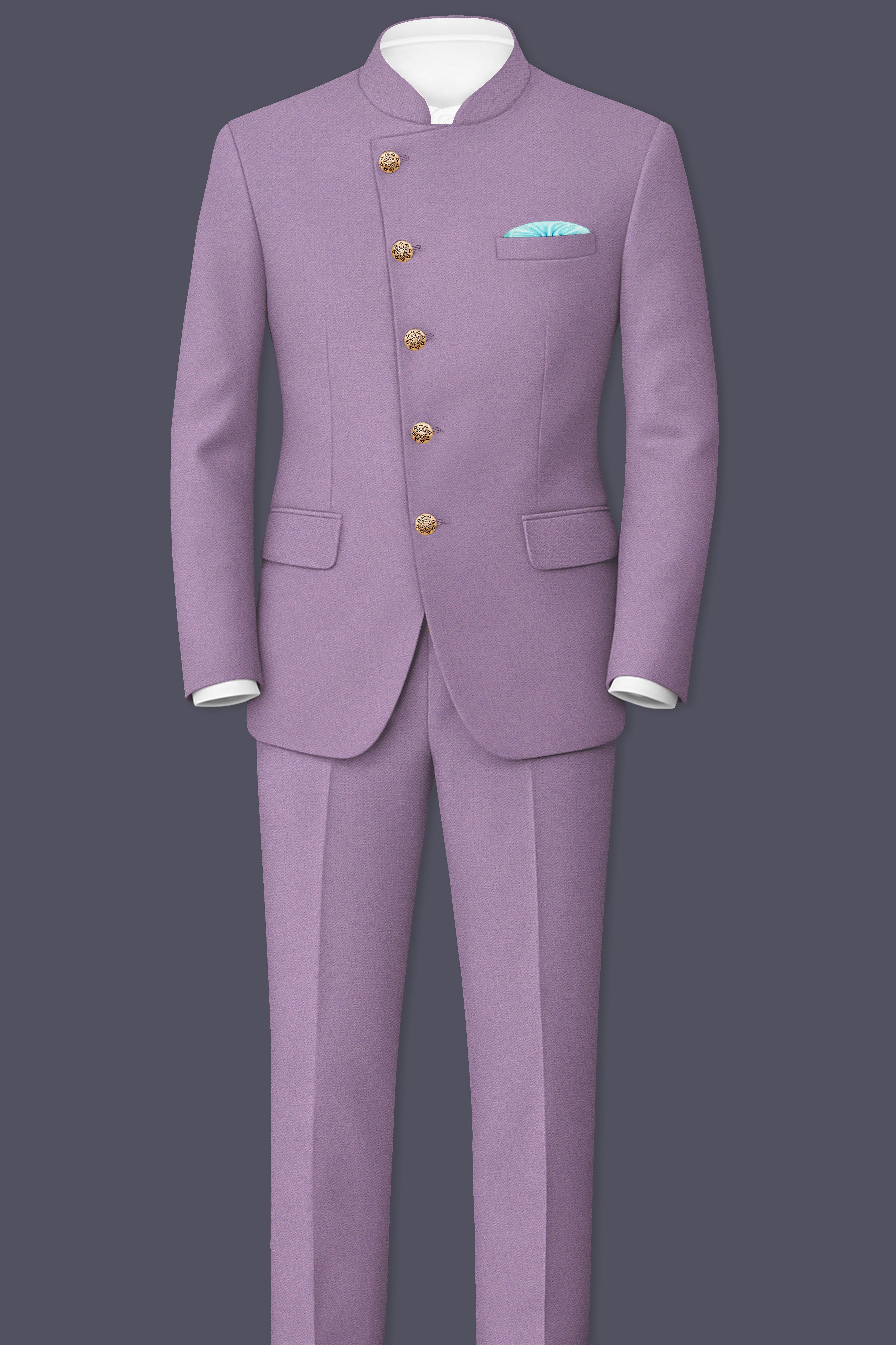 Violeto-Korean Mobster Purple 4-Way Stretch Wrinkle-Free Wool Rich Cross Placket Bandhgala Suit