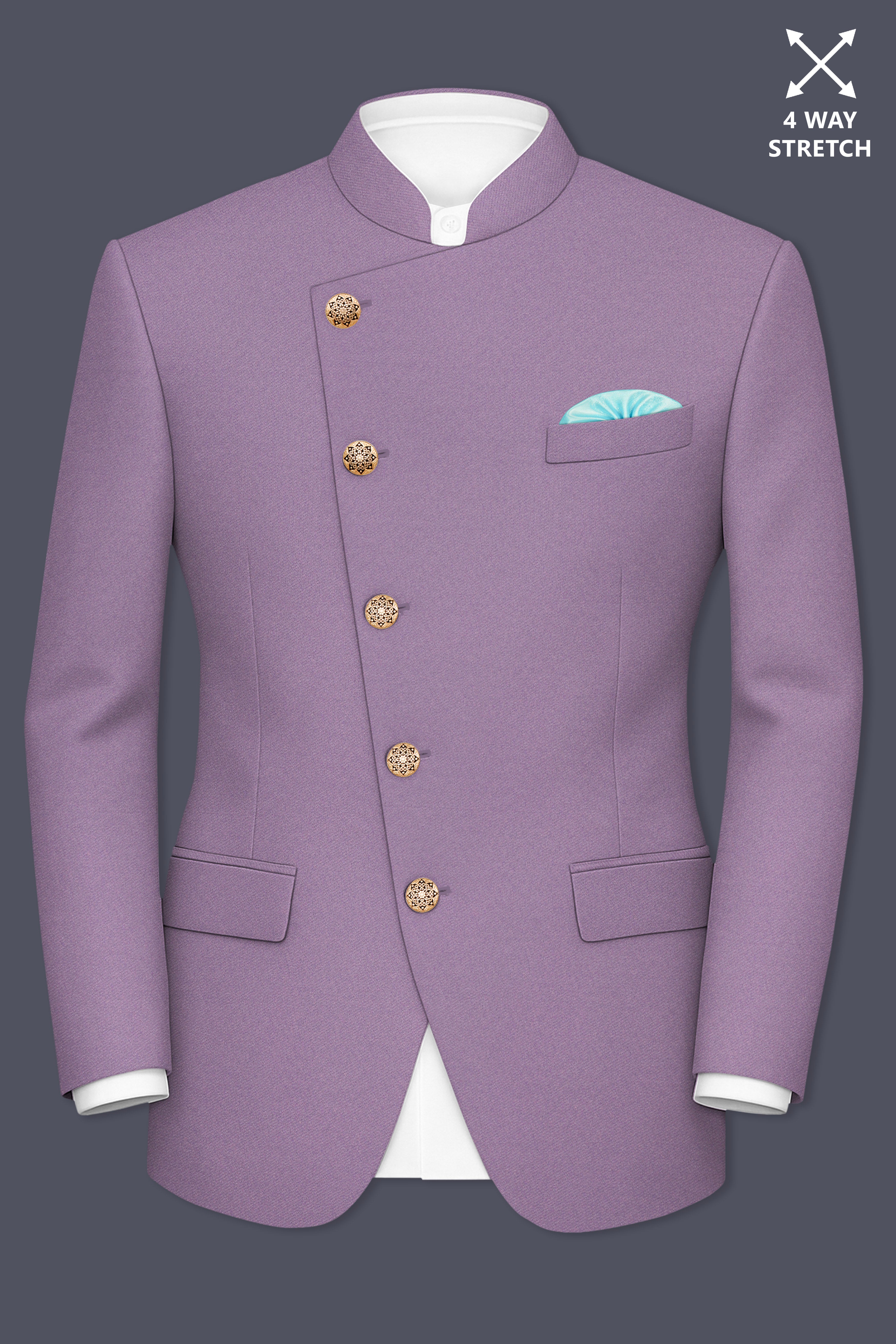 Violeto-Korean Mobster Purple 4-Way Stretch Wrinkle-Free Wool Rich Cross Placket Bandhgala Suit