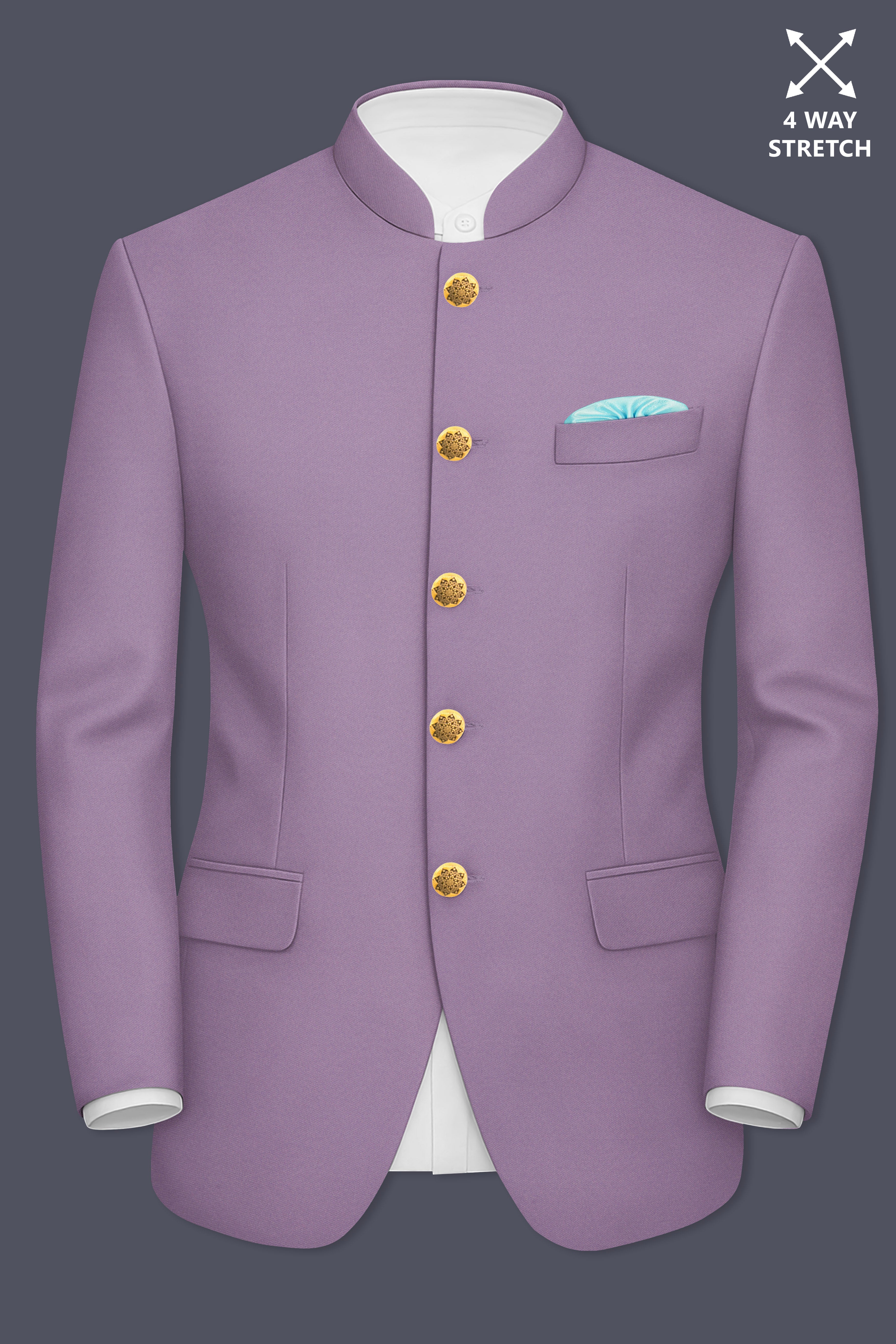 Violeto-Korean Mobster Purple 4-Way Stretch Wrinkle-Free Wool Rich Bandhgala Suit