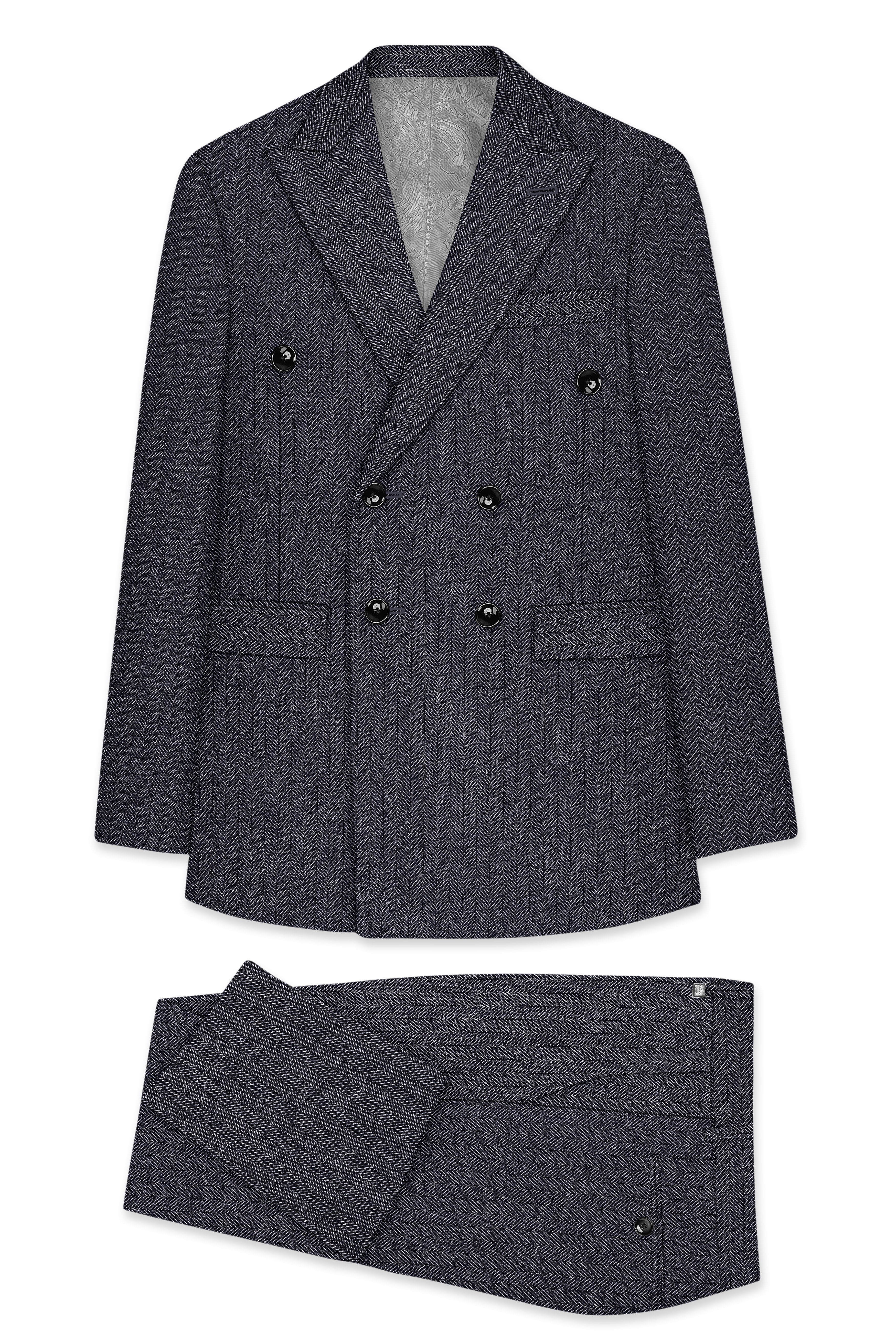 Silvoro-Iridium Gray Herringbone Textured Tweed Double Breasted Suit