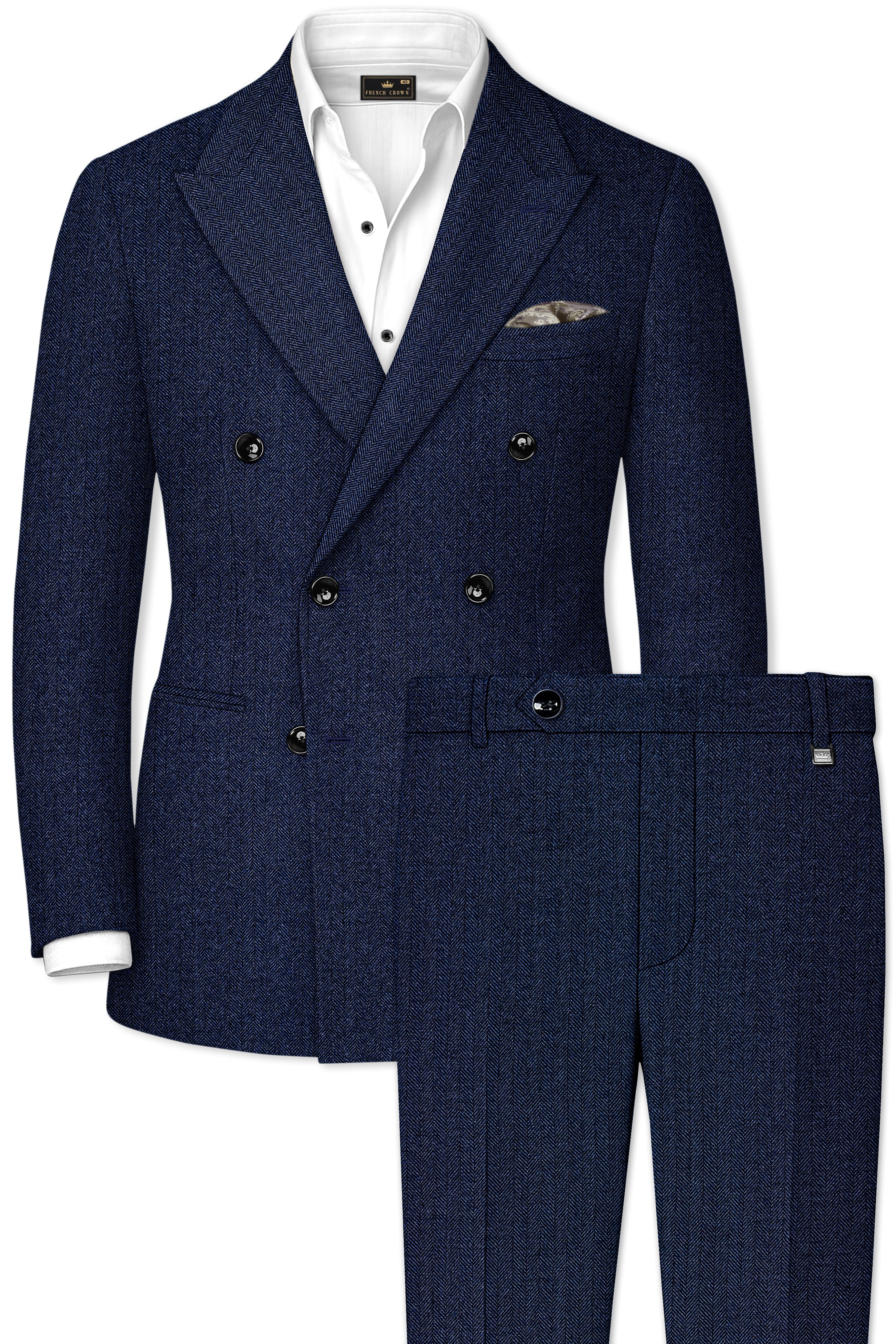 Aurevu-Vulcan Blue Herringbone Textured Tweed Double Breasted Suit