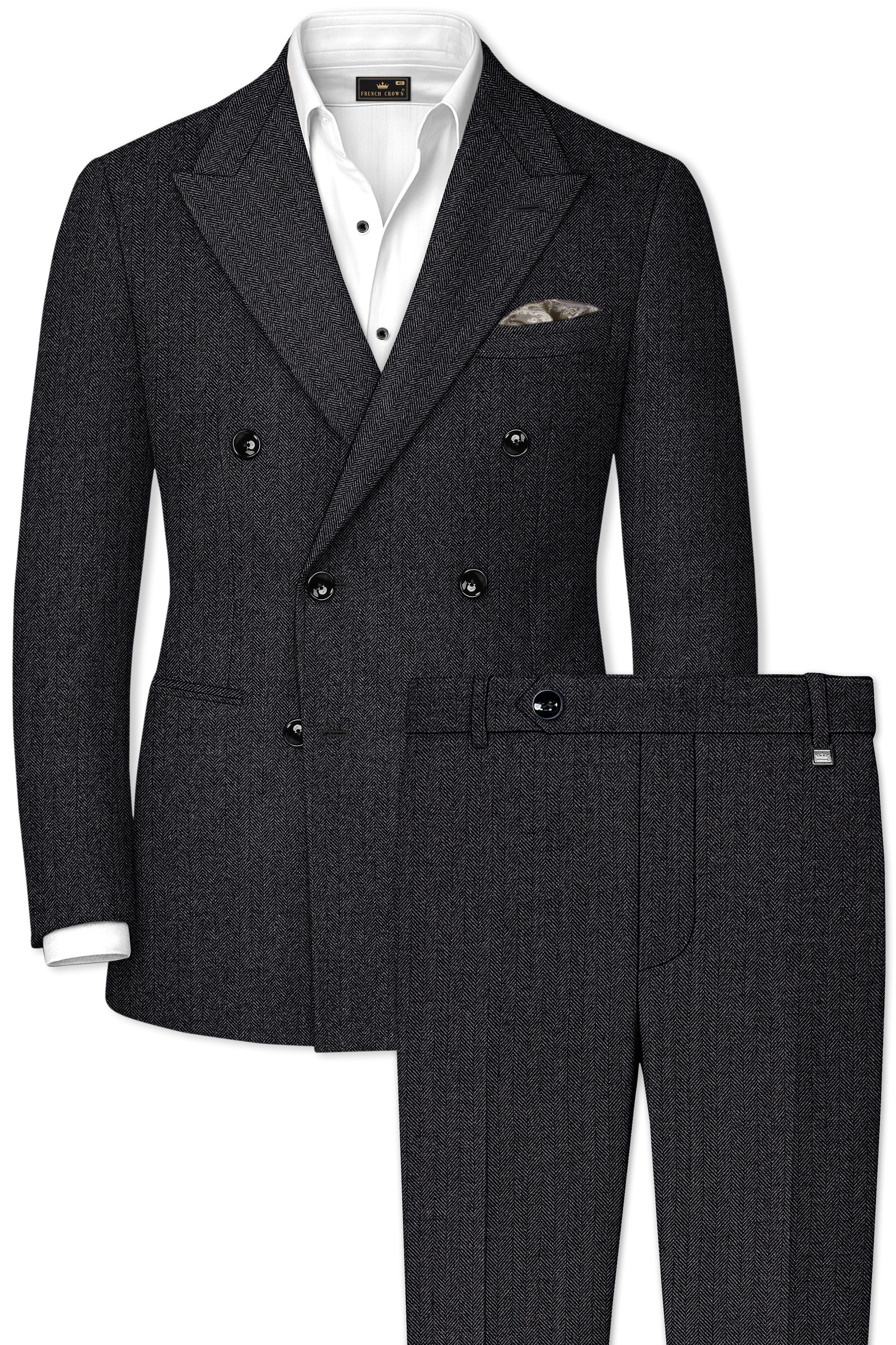 Imperion-Charcoal Gray Herringbone Textured Tweed Double Breasted Suit