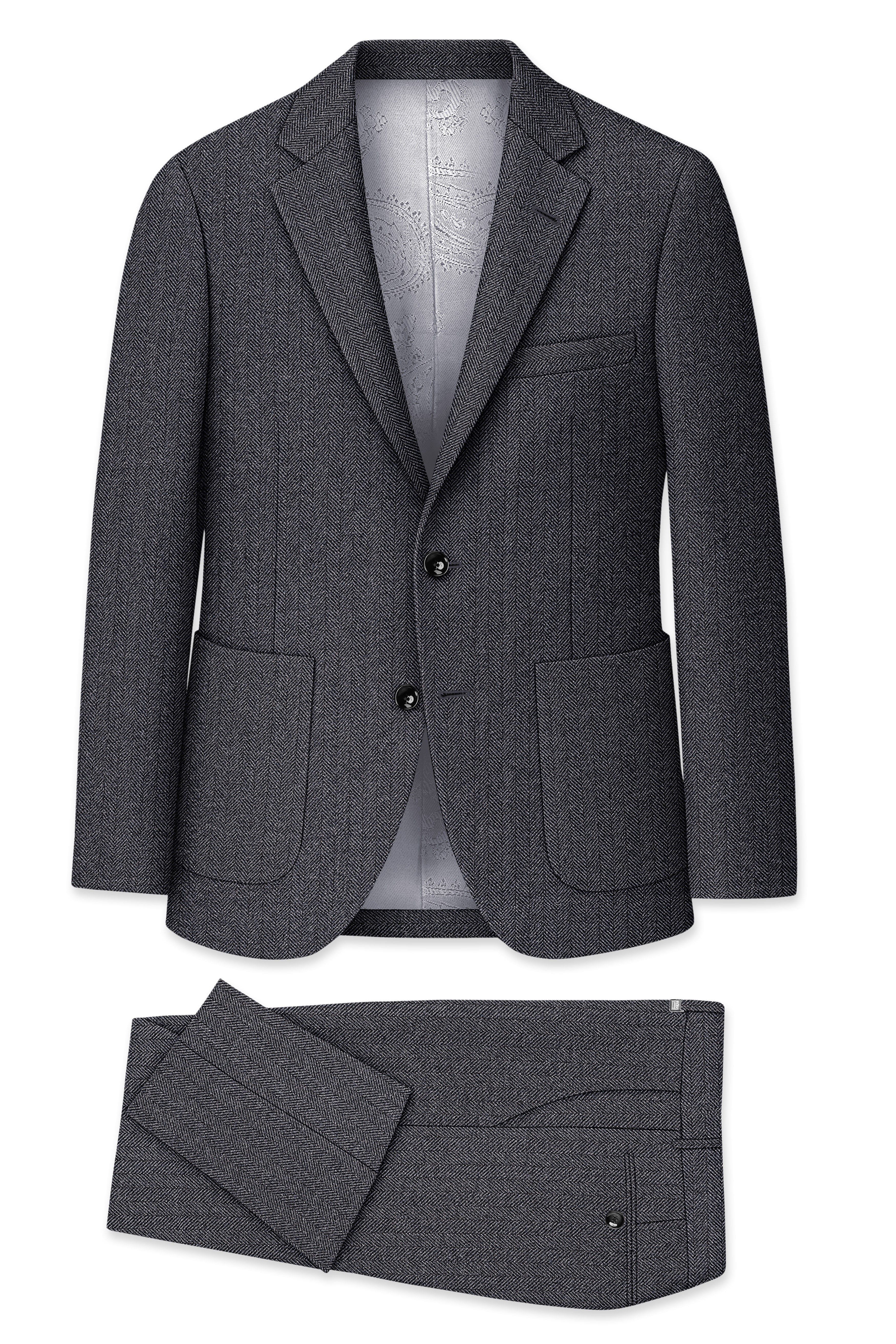 Silvoro-Iridium Gray Herringbone Textured Tweed Single Breasted Sports Suit