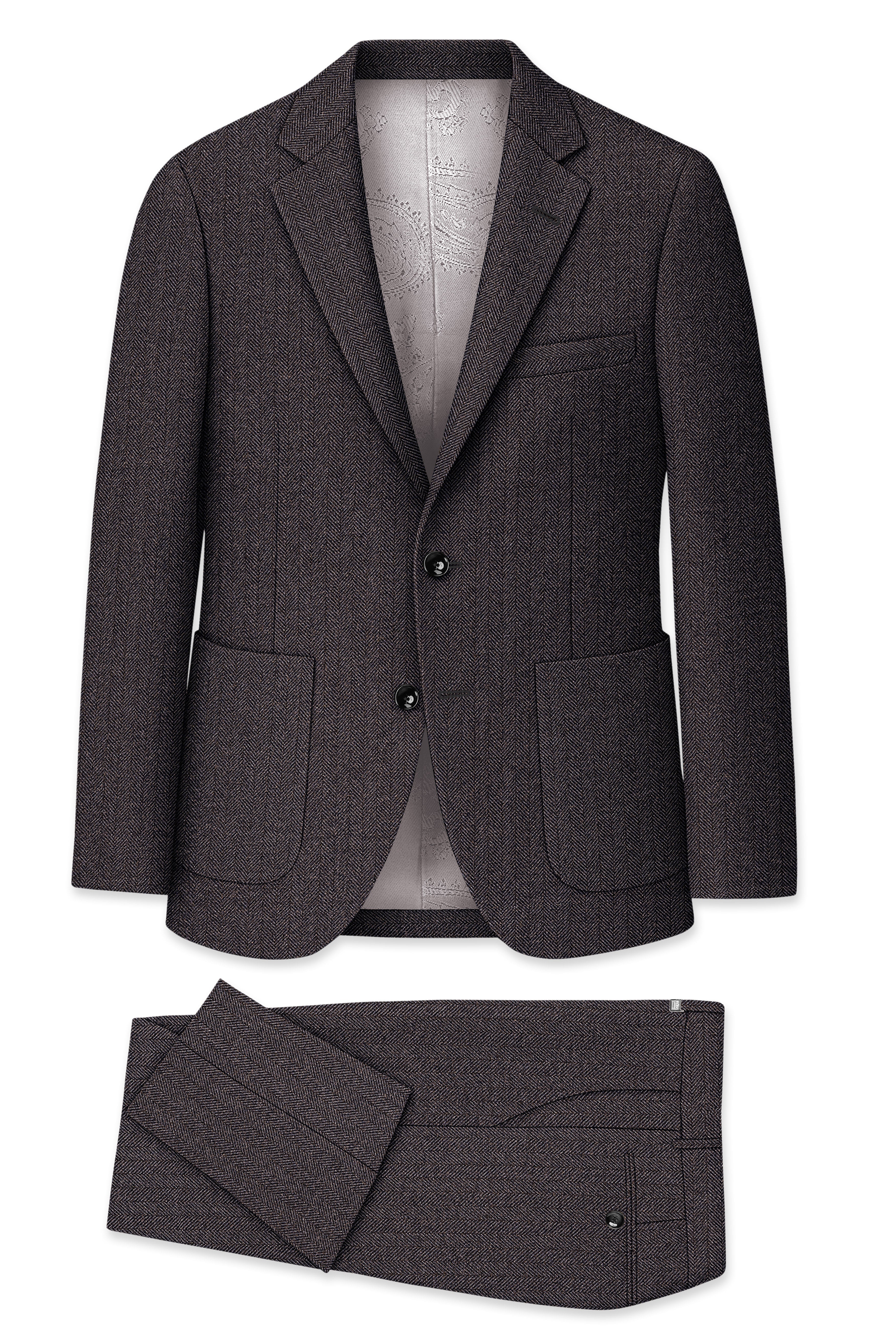 Aurezion-Zeus Brown Herringbone Textured Tweed Single Breasted Sports Suit
