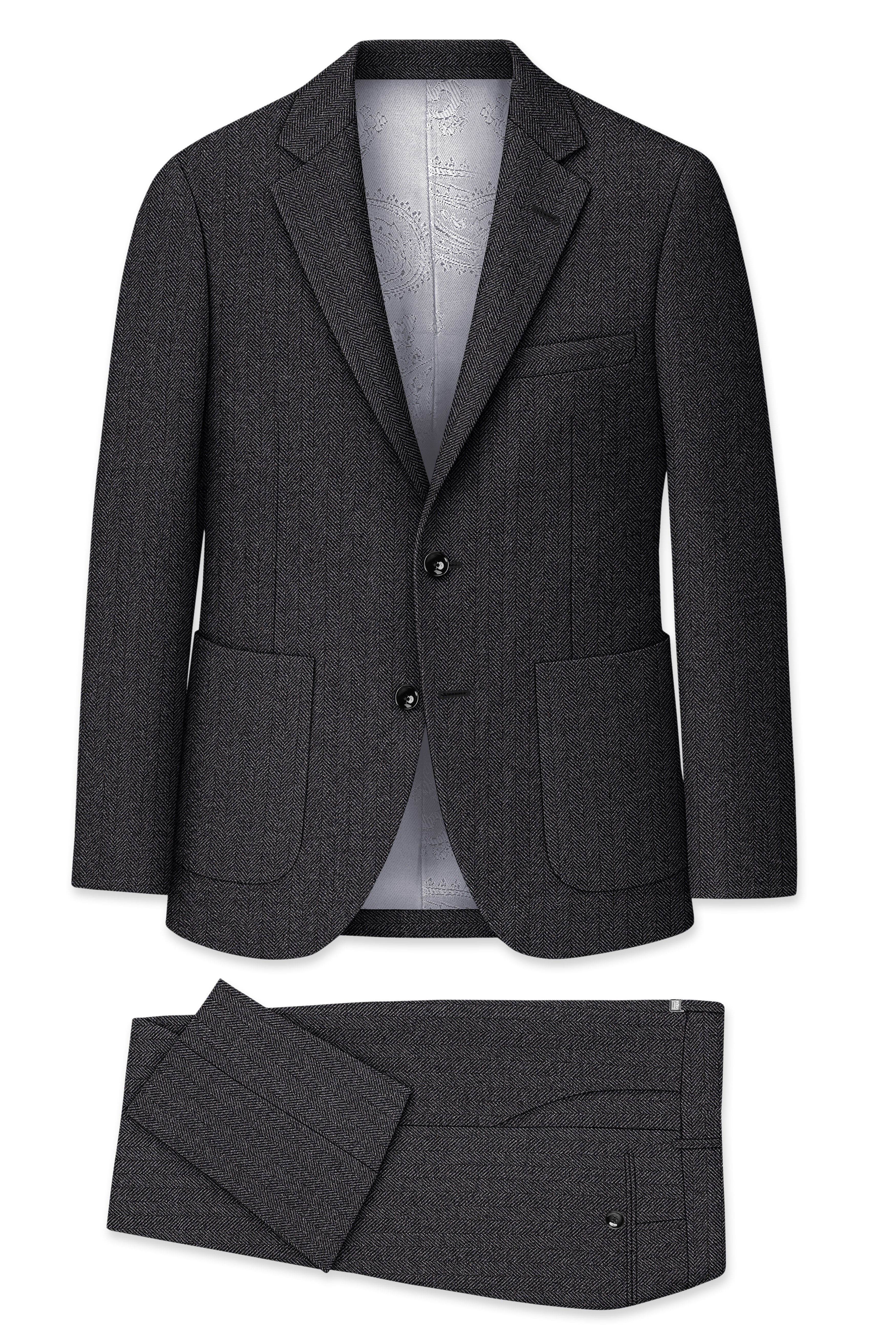 Imperion-Charcoal Gray Herringbone Textured Tweed Single Breasted Sports Suit