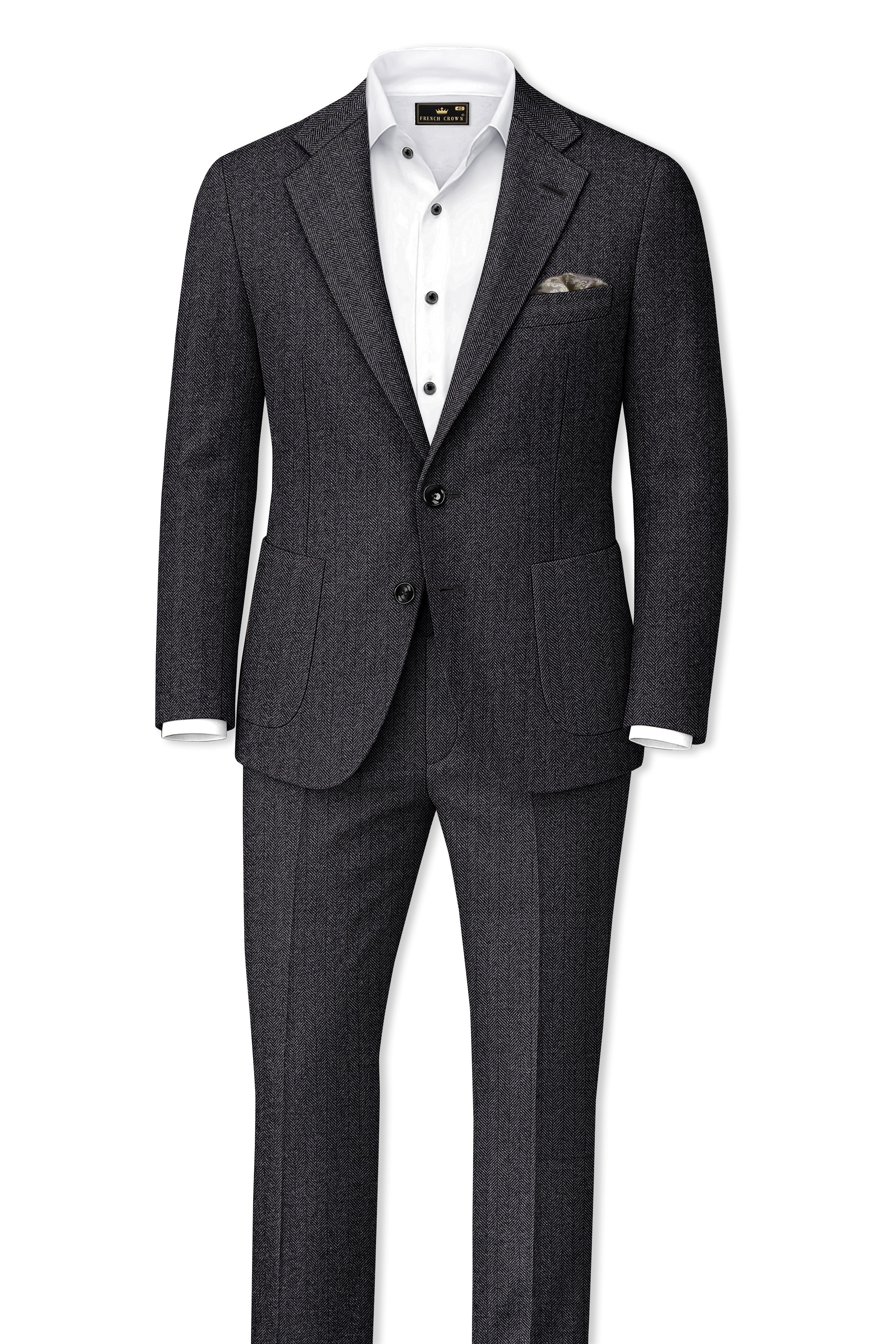 Imperion-Charcoal Gray Herringbone Textured Tweed Single Breasted Sports Suit