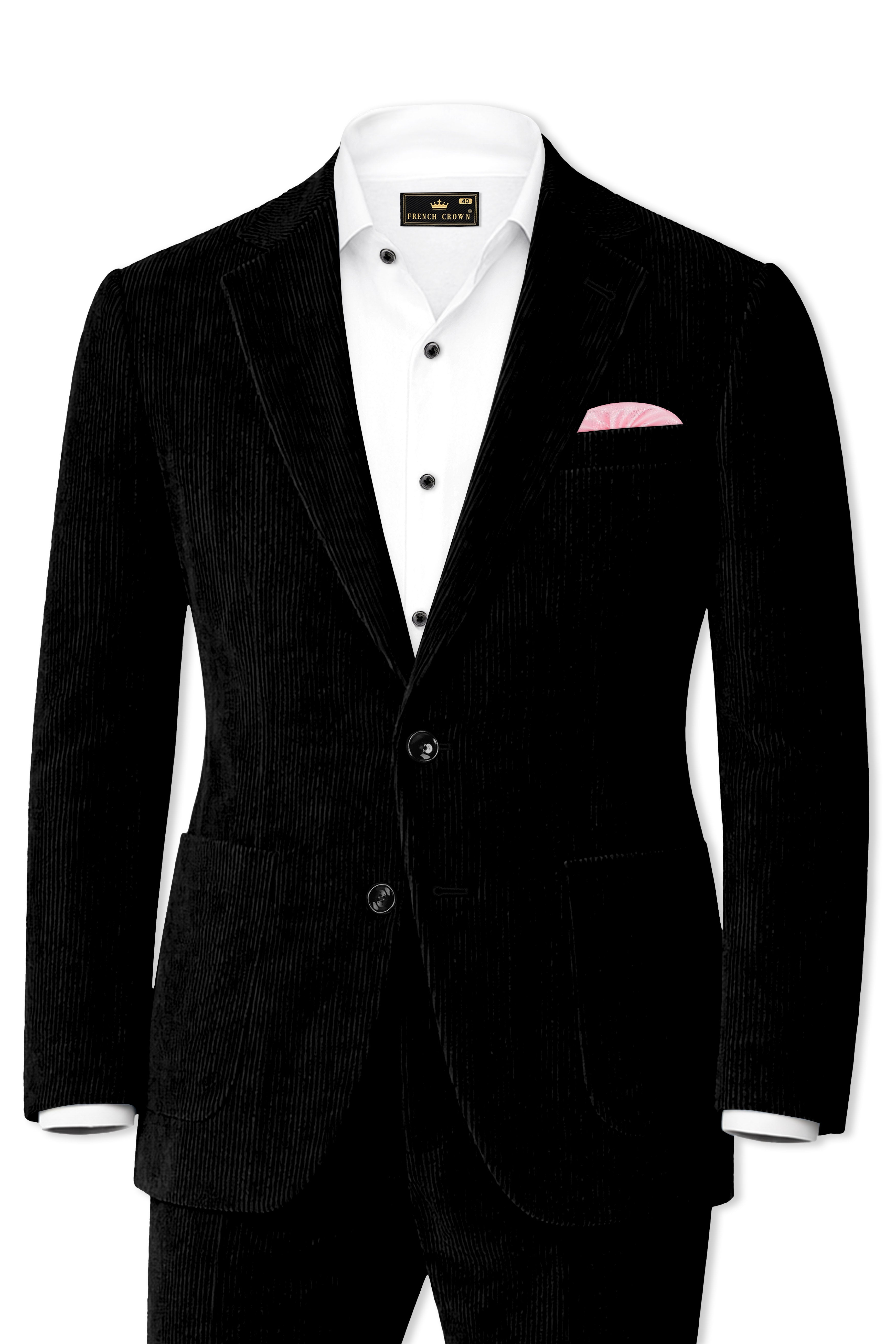 スーツ Mao Collar X Fake Corduroy Wide SetUp Jadenzo-Jade Black Textured Premium Corduroy Single Breasted Suit