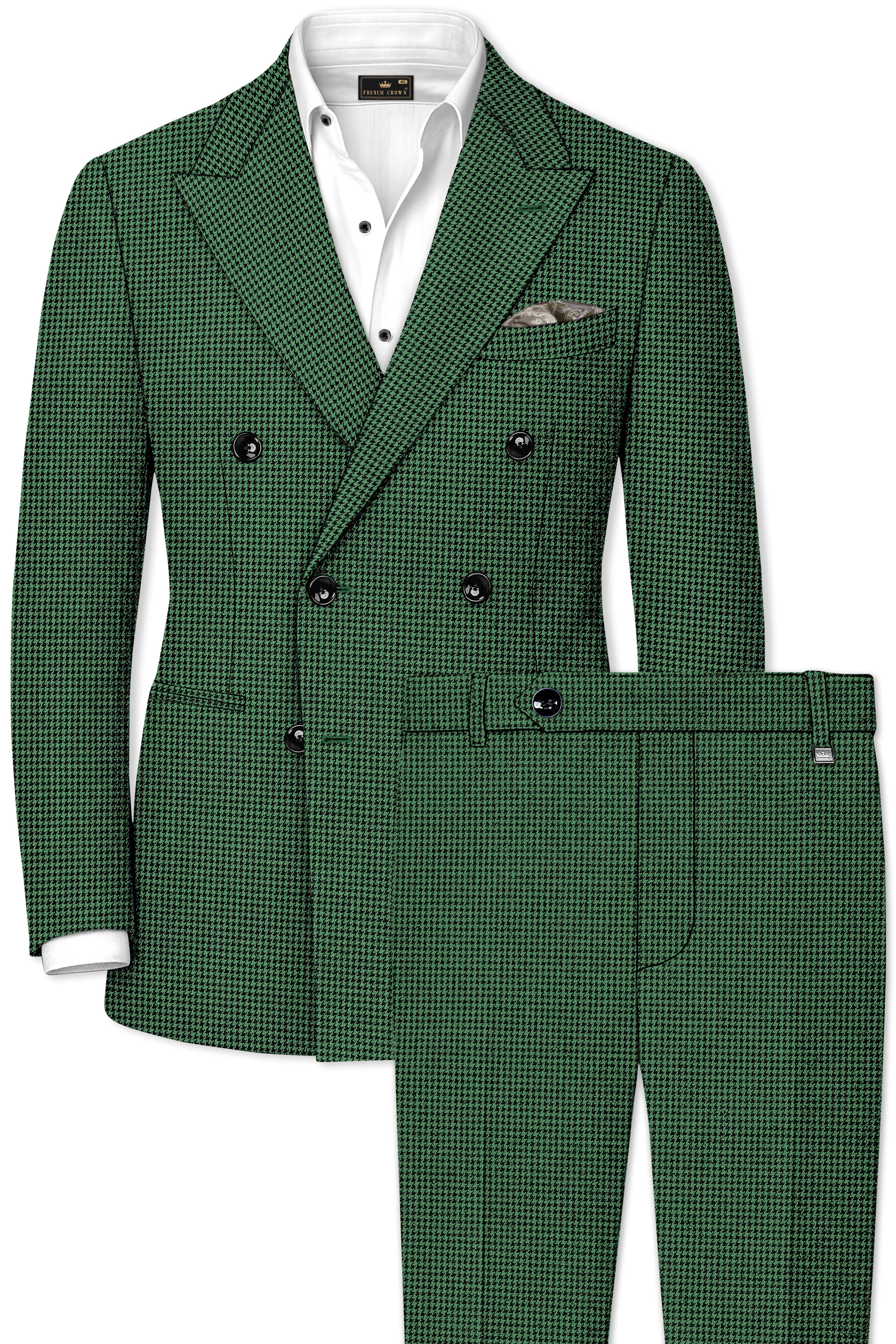 Regent-Plantation Green Classic Houndstooth Textured Tweed Double Breasted Suit