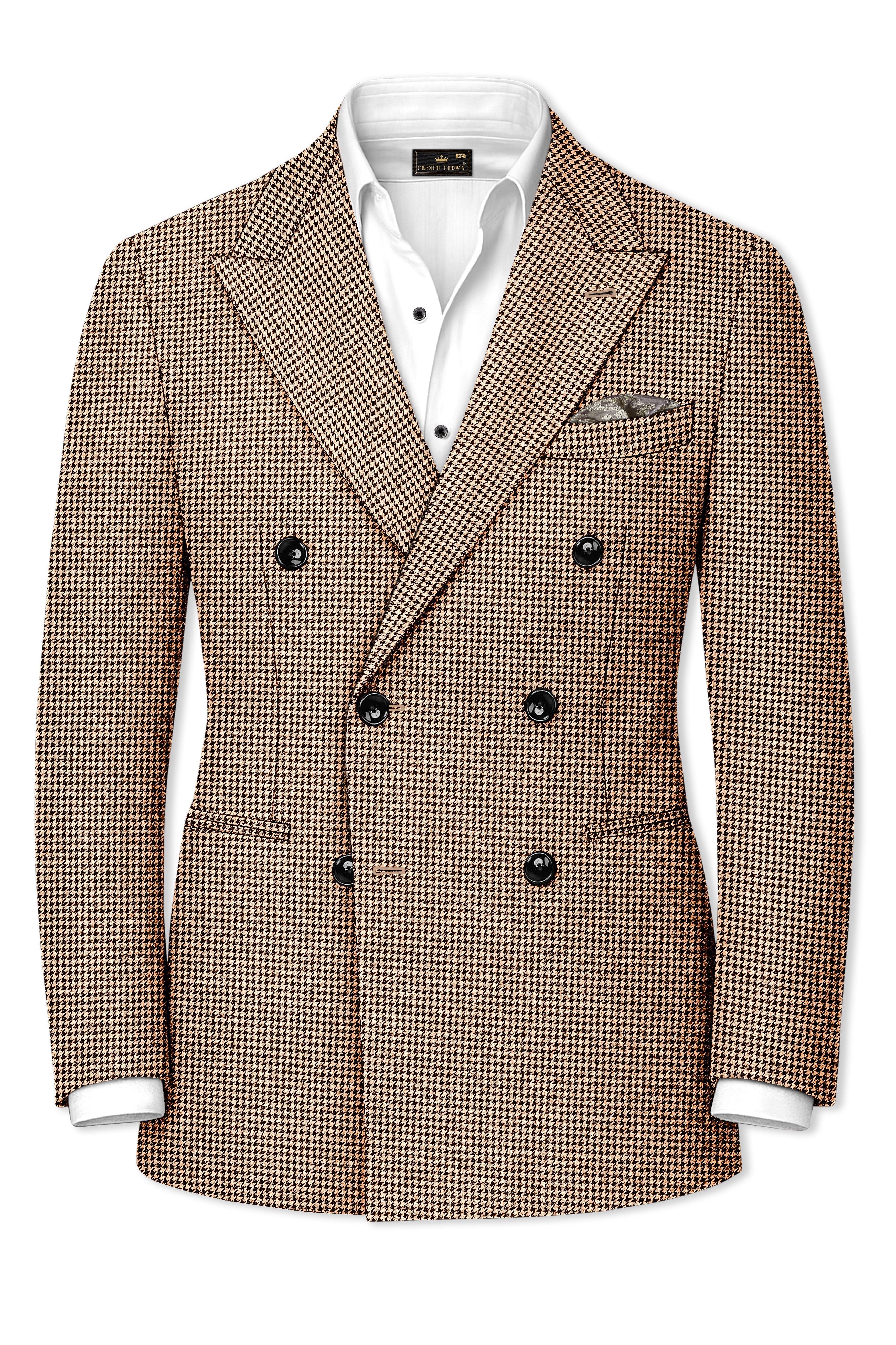 Scholar-Mocha Brown Classic Houndstooth Textured Tweed Double Breasted Suit