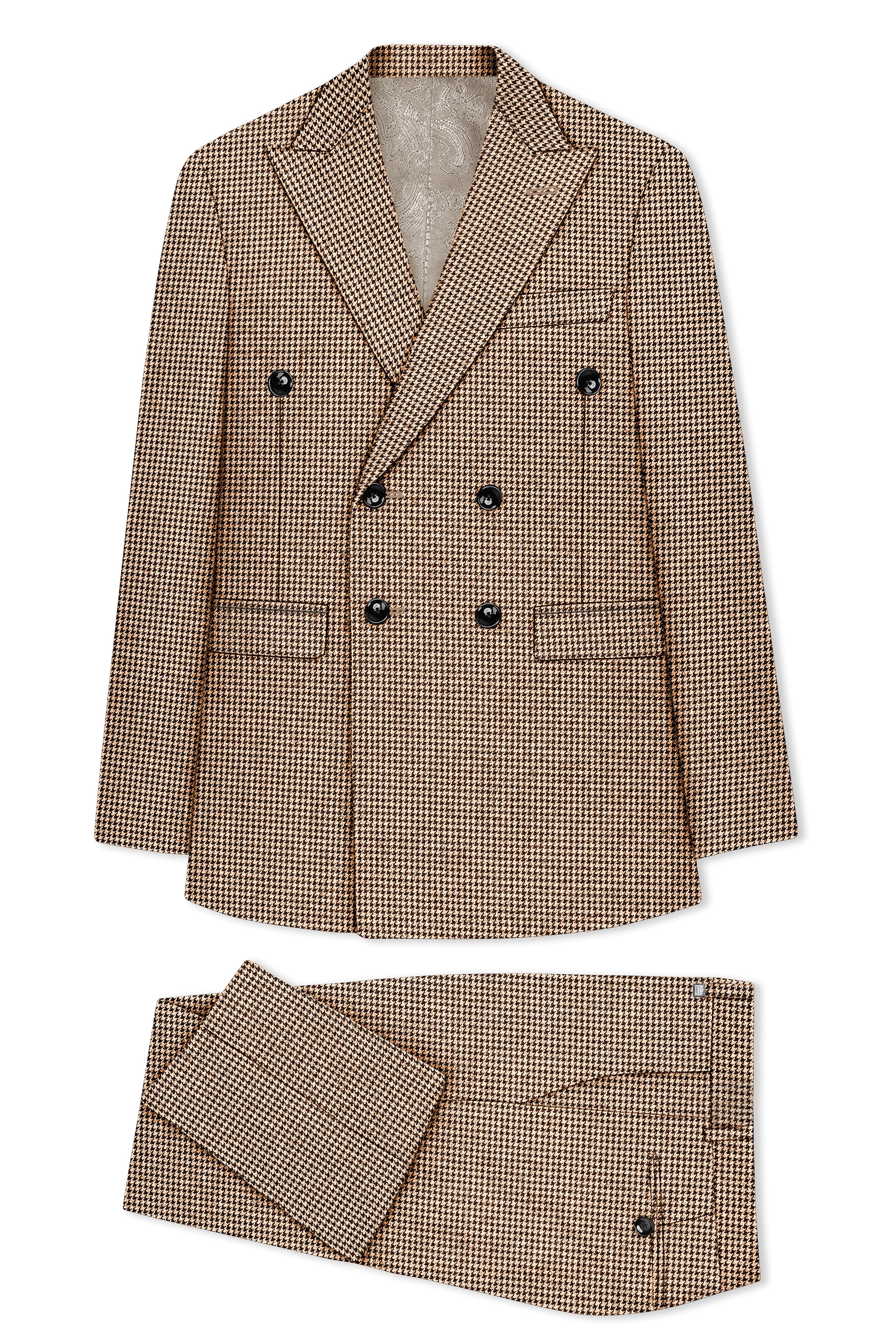 Scholar-Mocha Brown Classic Houndstooth Textured Tweed Double Breasted Suit