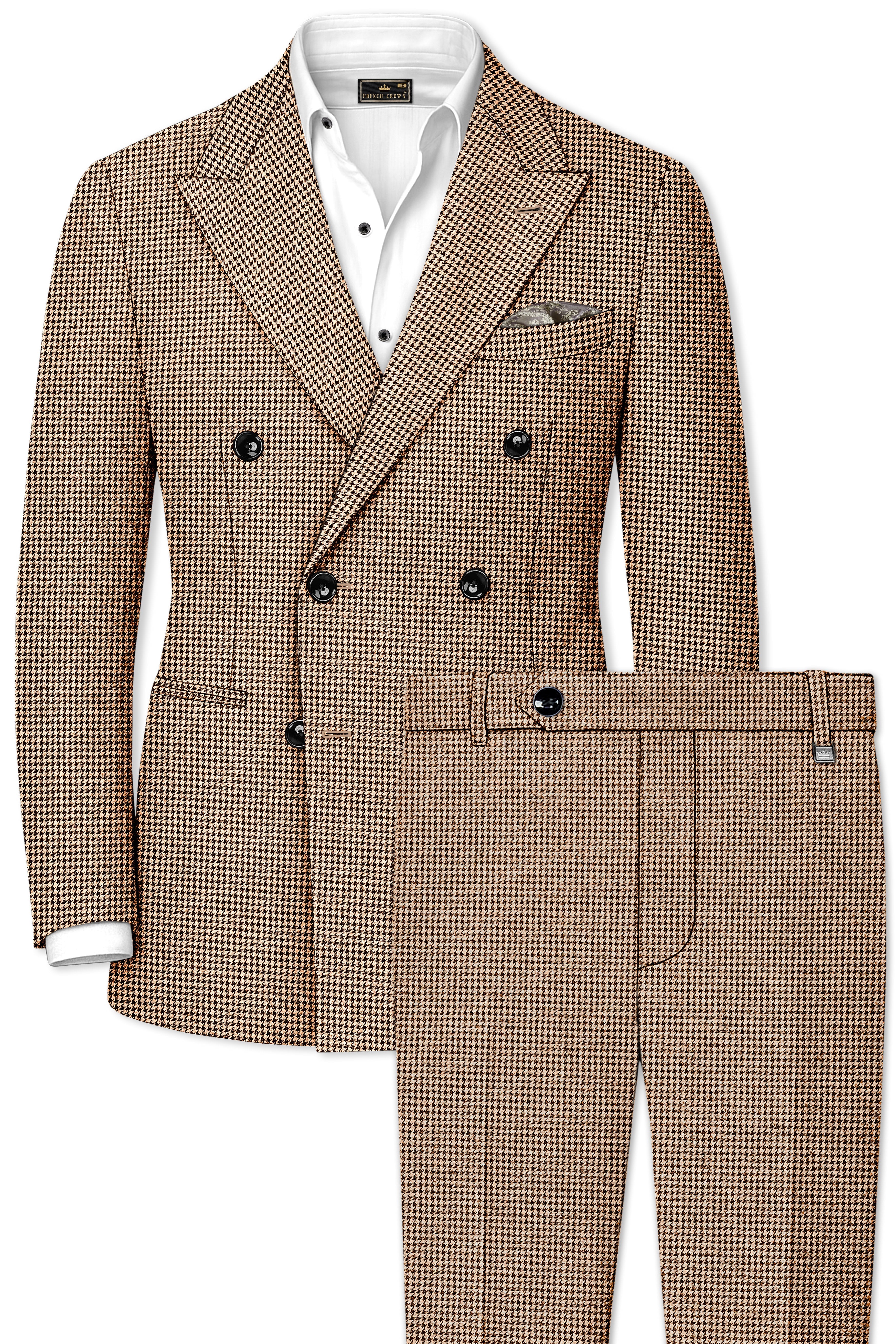 Scholar-Mocha Brown Classic Houndstooth Textured Tweed Double Breasted Suit