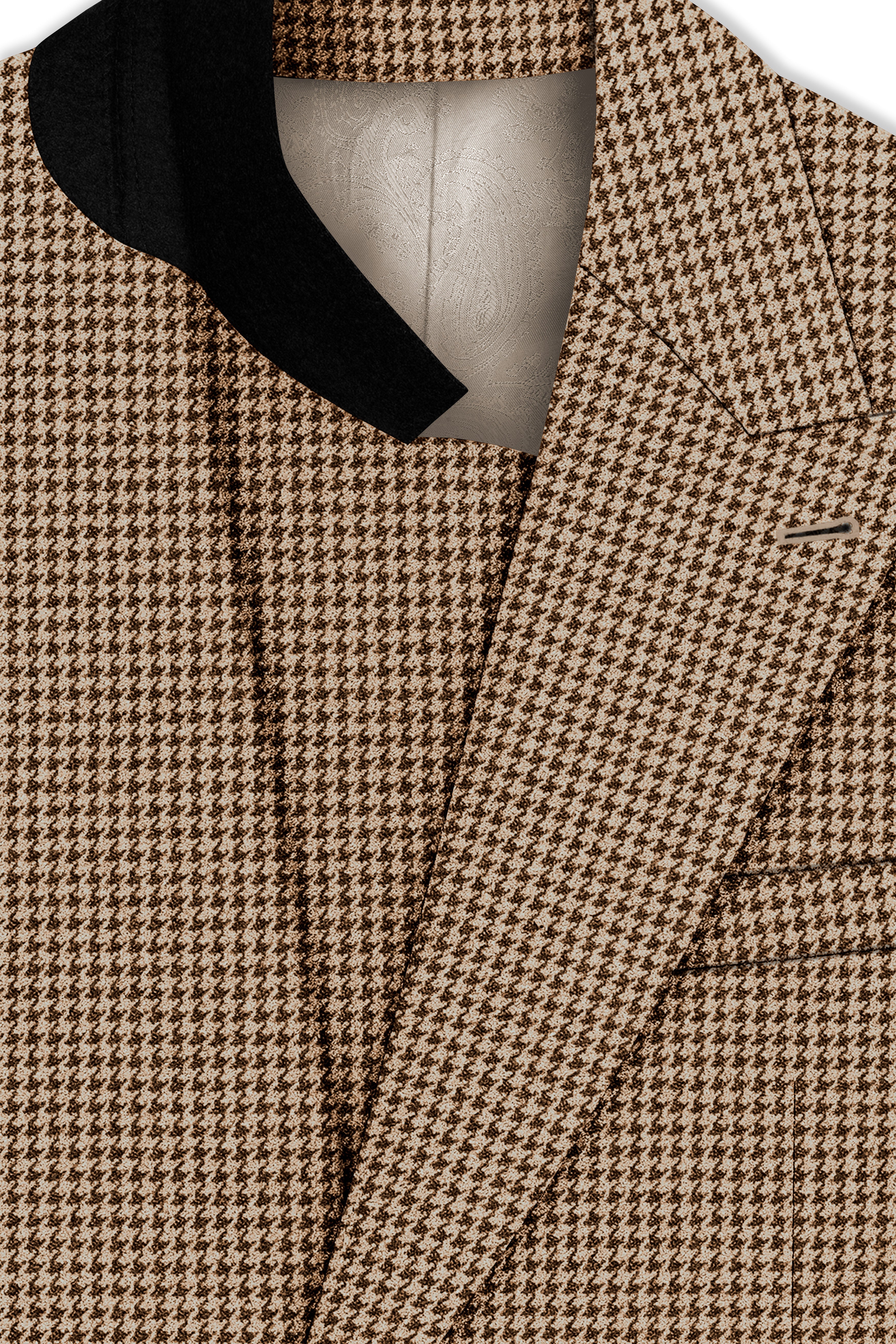 Scholar-Mocha Brown Classic Houndstooth Textured Tweed Double Breasted Suit