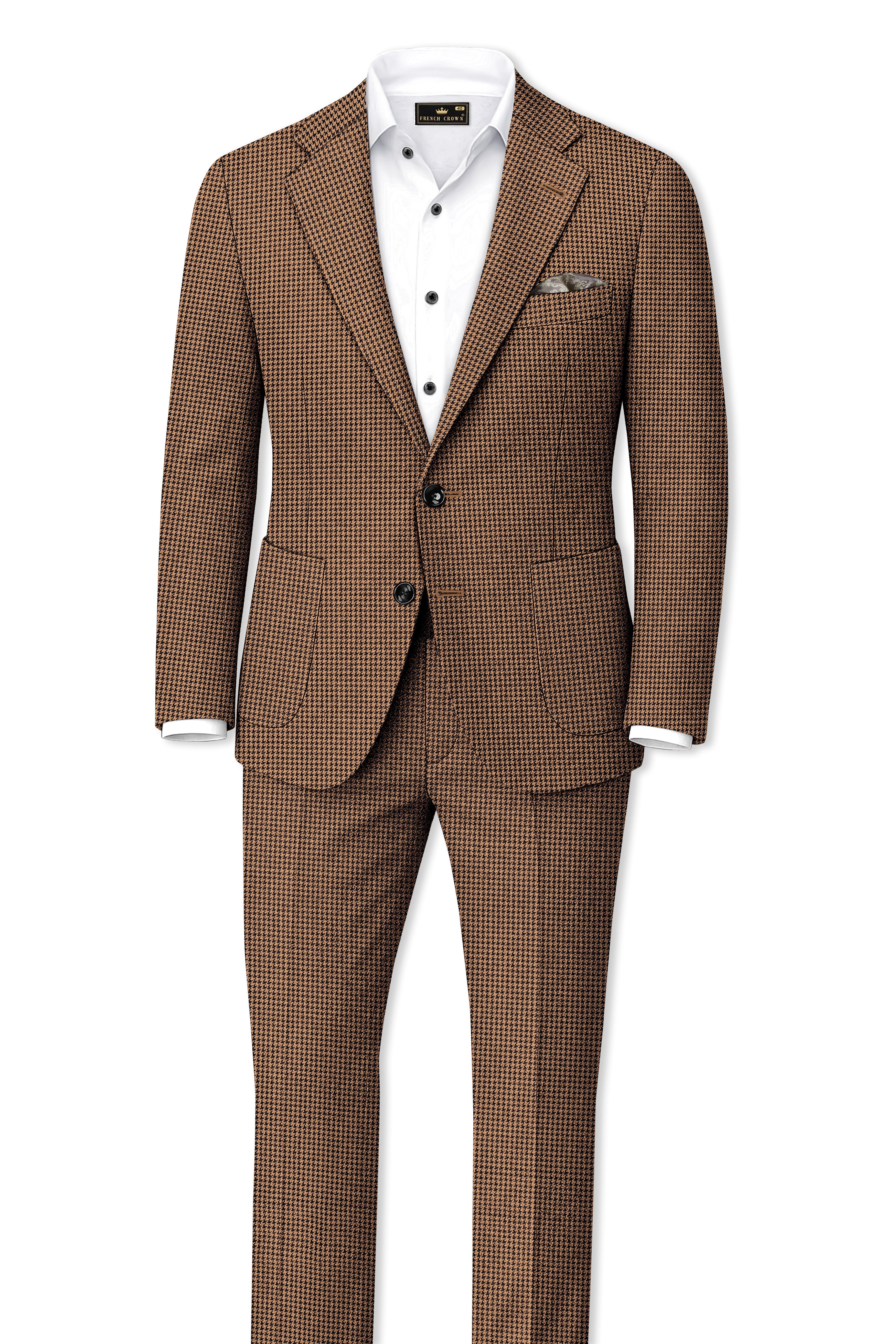 Regalis-Rope Brown Classic Houndstooth Textured Tweed Single Breasted Sports Suit